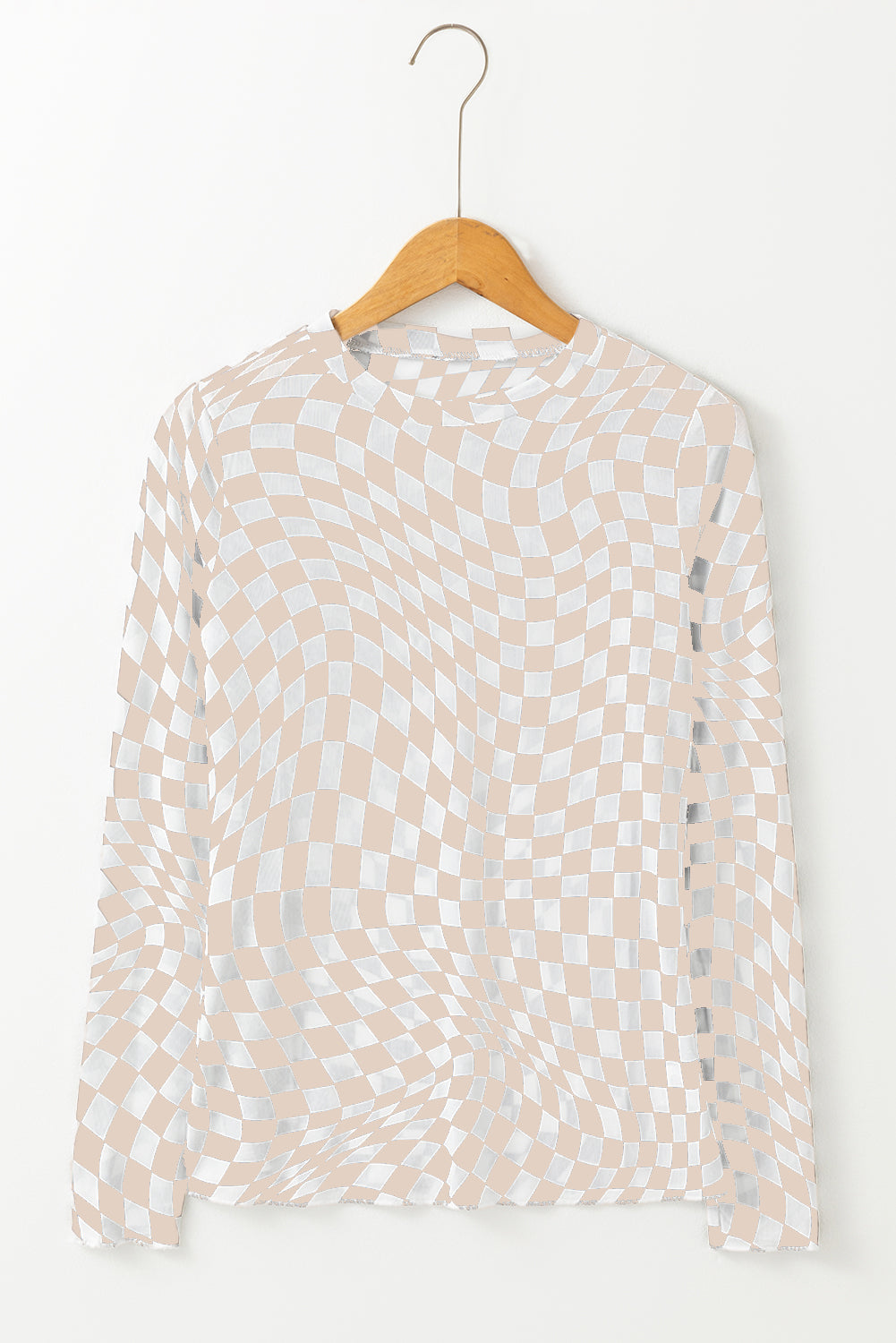 Black Checkered Pattern Mesh Long Sleeve Top 43b1f641180c7440