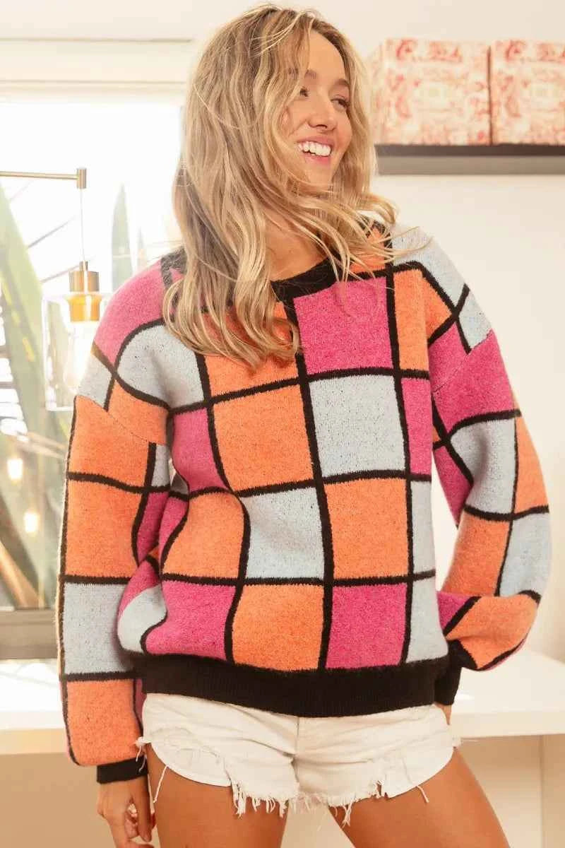 BiBi Multi Color Checker Pattern Sweater ORANGE PINK DENIM 43b35dafceee45a287a016b309f863c2-Max-Origin