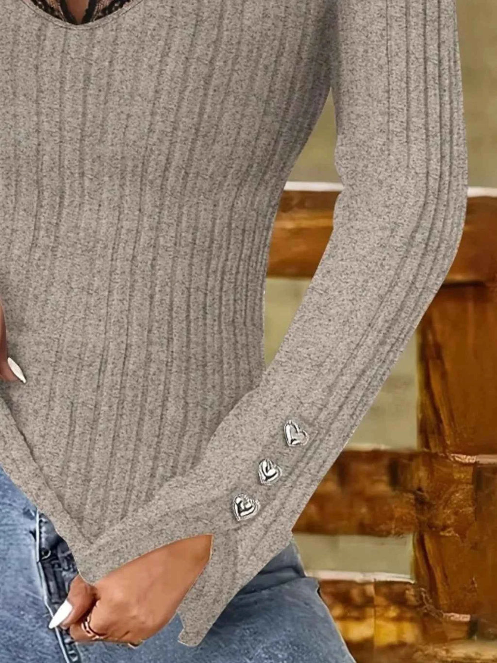 Full Size Ribbed V-Neck Lace Trim Long Sleeve T-Shirt Plus Size