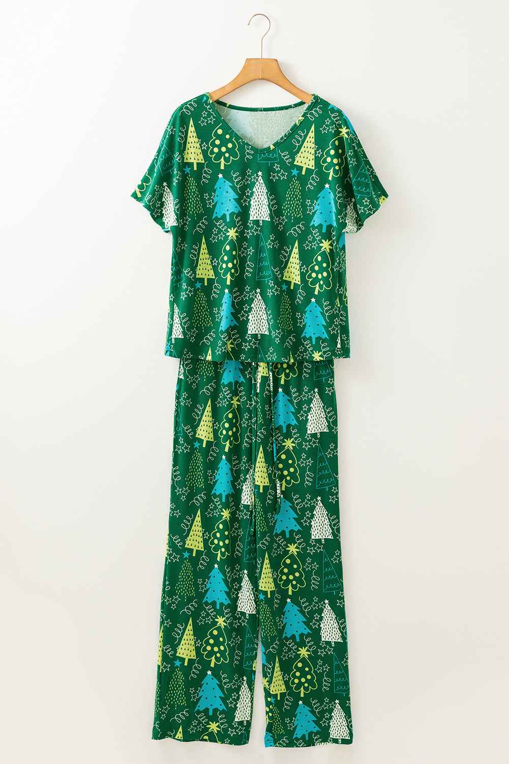 Green Christmas Tree Print V Neck Tee and Pants Pajama Set 43cea978a8aa253b
