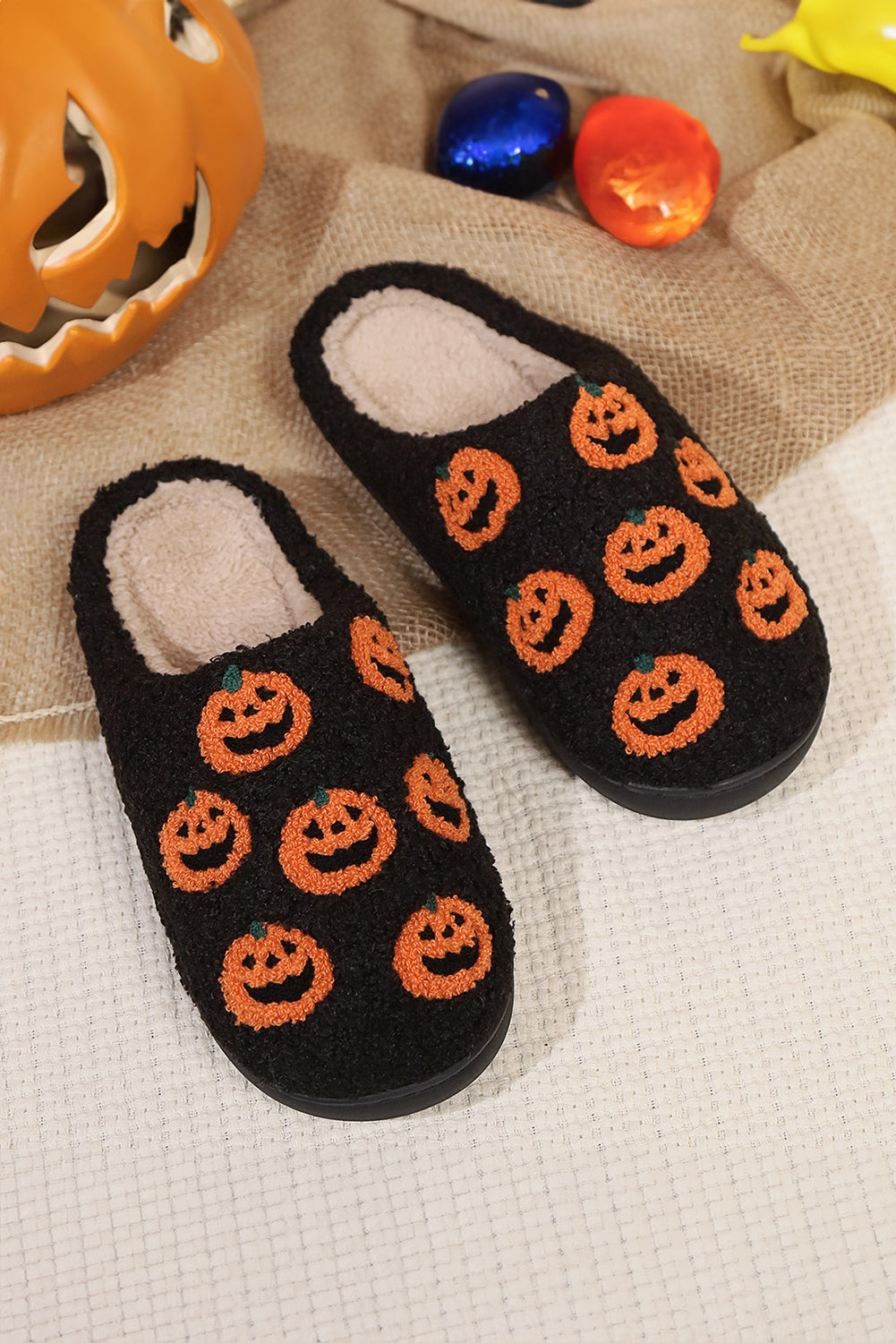 Black Halloween Pumpkin Plush Home Slippers 43d0c2c4908a63b3