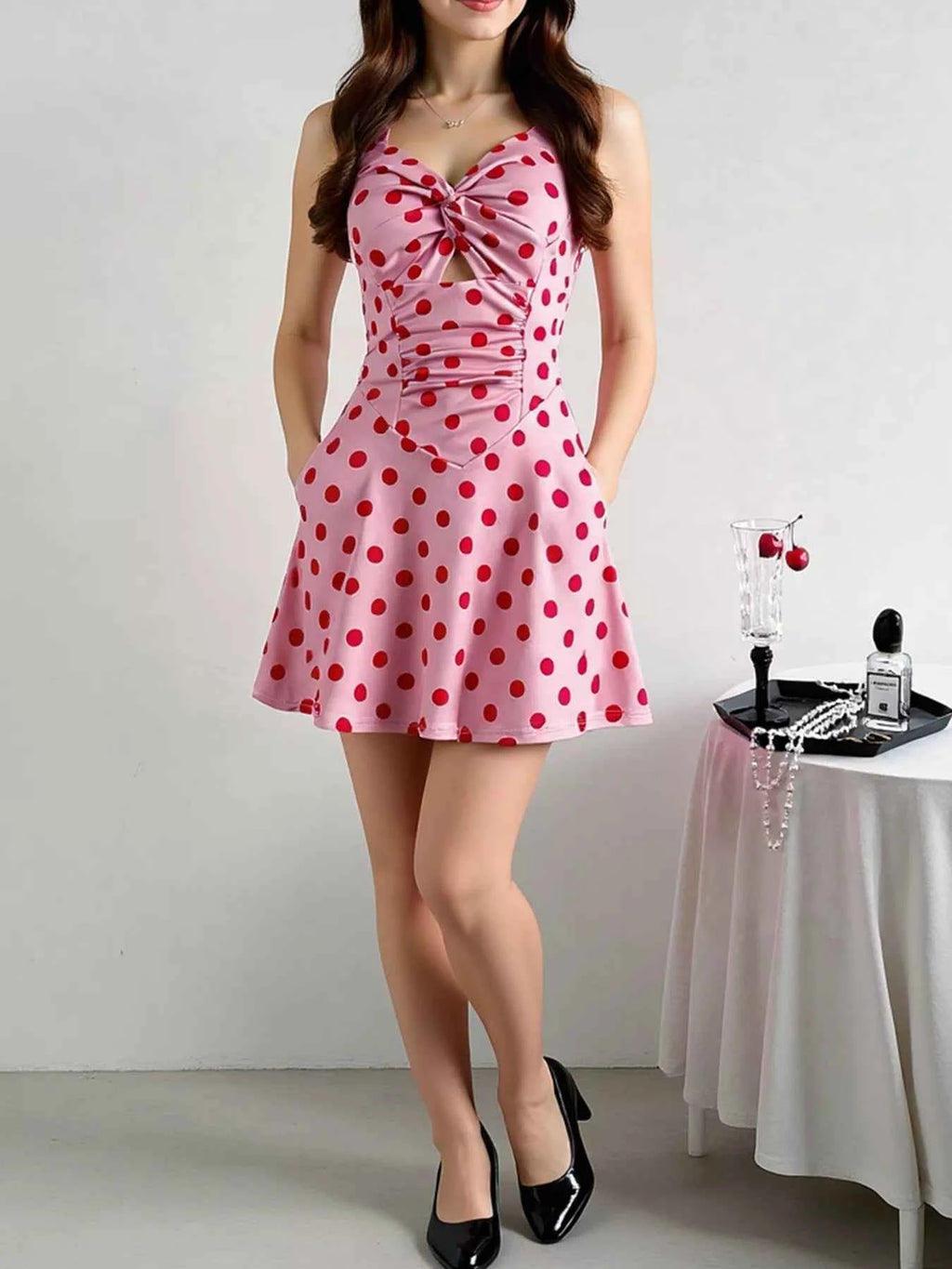 Polka Dot Halter Neck Twisted Front Mini Dress Pink 43d988bf6f364140a01b5ffcf726d322-Max-Origin