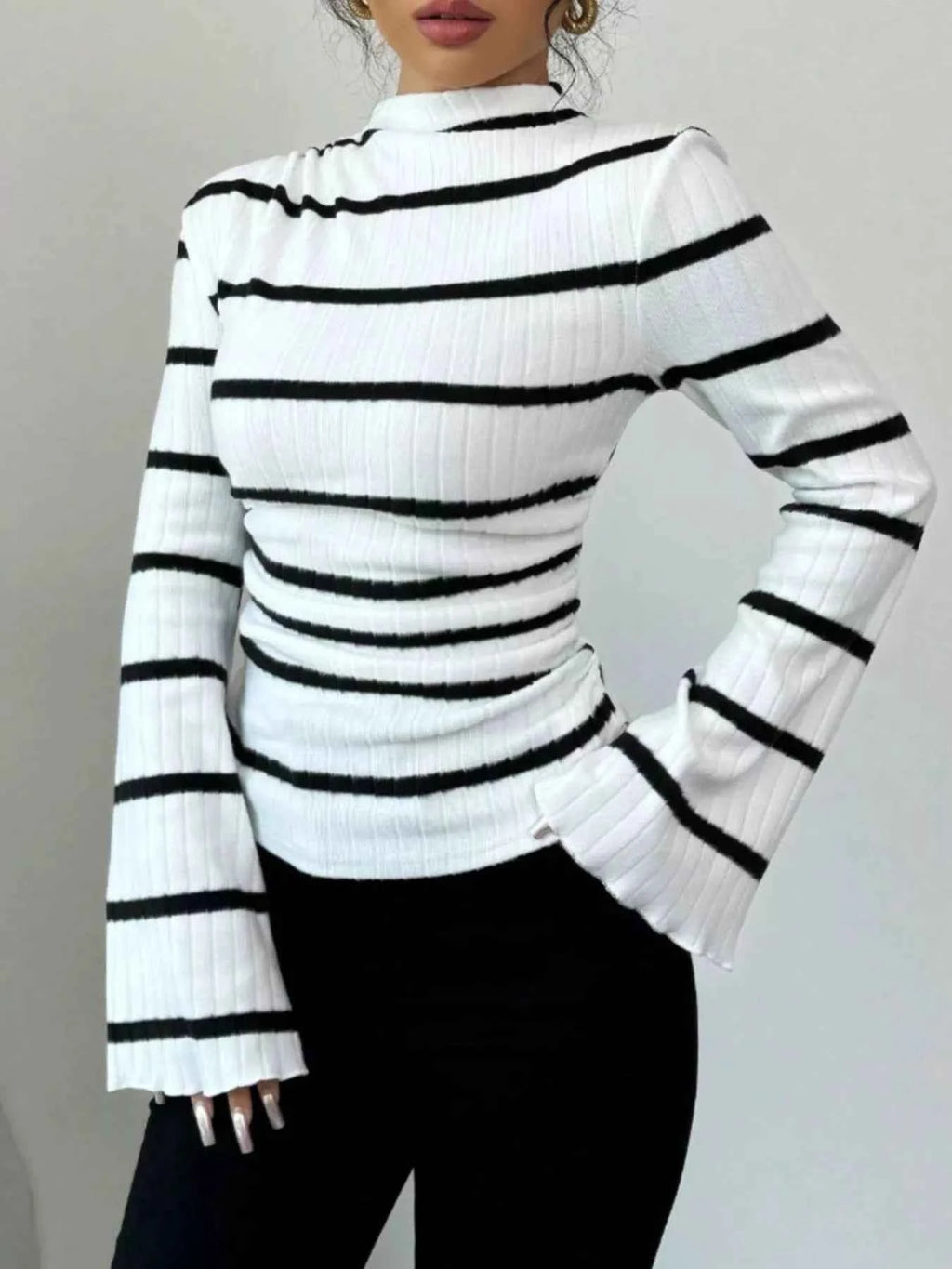 Striped Mock Neck Flare Sleeve Knit Top 43da78bf-19df-4385-b5c4-6fa9306f41d8-Max-Origin
