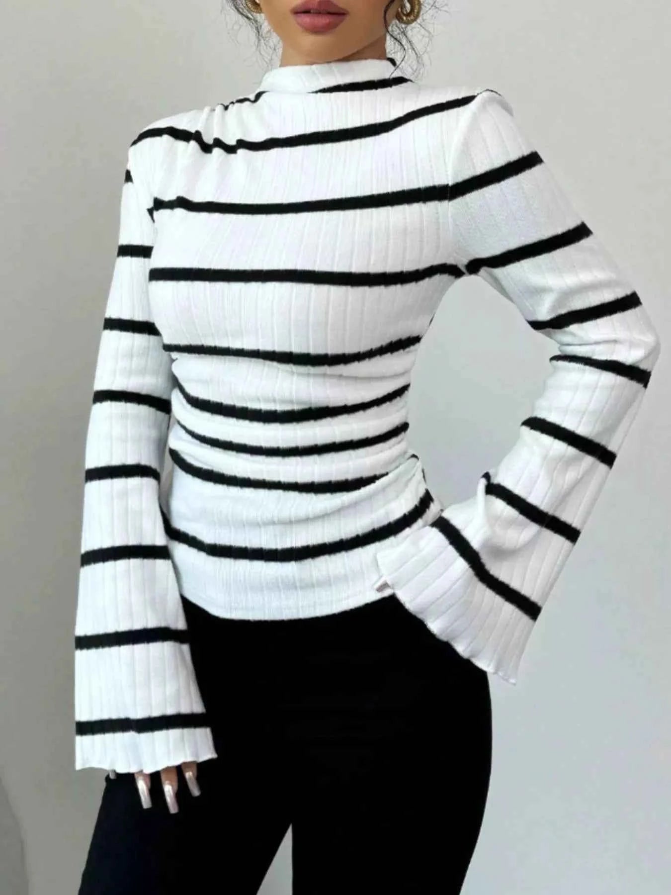 Striped Mock Neck Flare Sleeve Knit Top 43da78bf-19df-4385-b5c4-6fa9306f41d8-Max-Origin