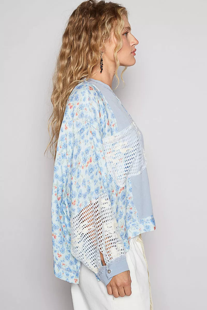 POL Round Neck Cropped Gauze Floral Pattern Top with Overlock Stitch Detail 43e8418d-f54d-465e-bf82-9f8216a40571-Max-Origin