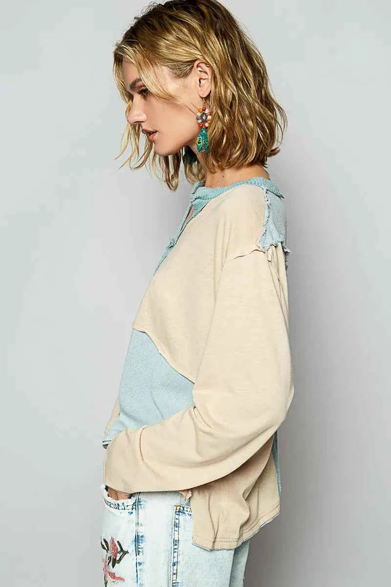 POL Color Block Notched Long Sleeve T-Shirt 43ef2609-5c2f-4e9f-9009-039219caeb04-Max-Origin