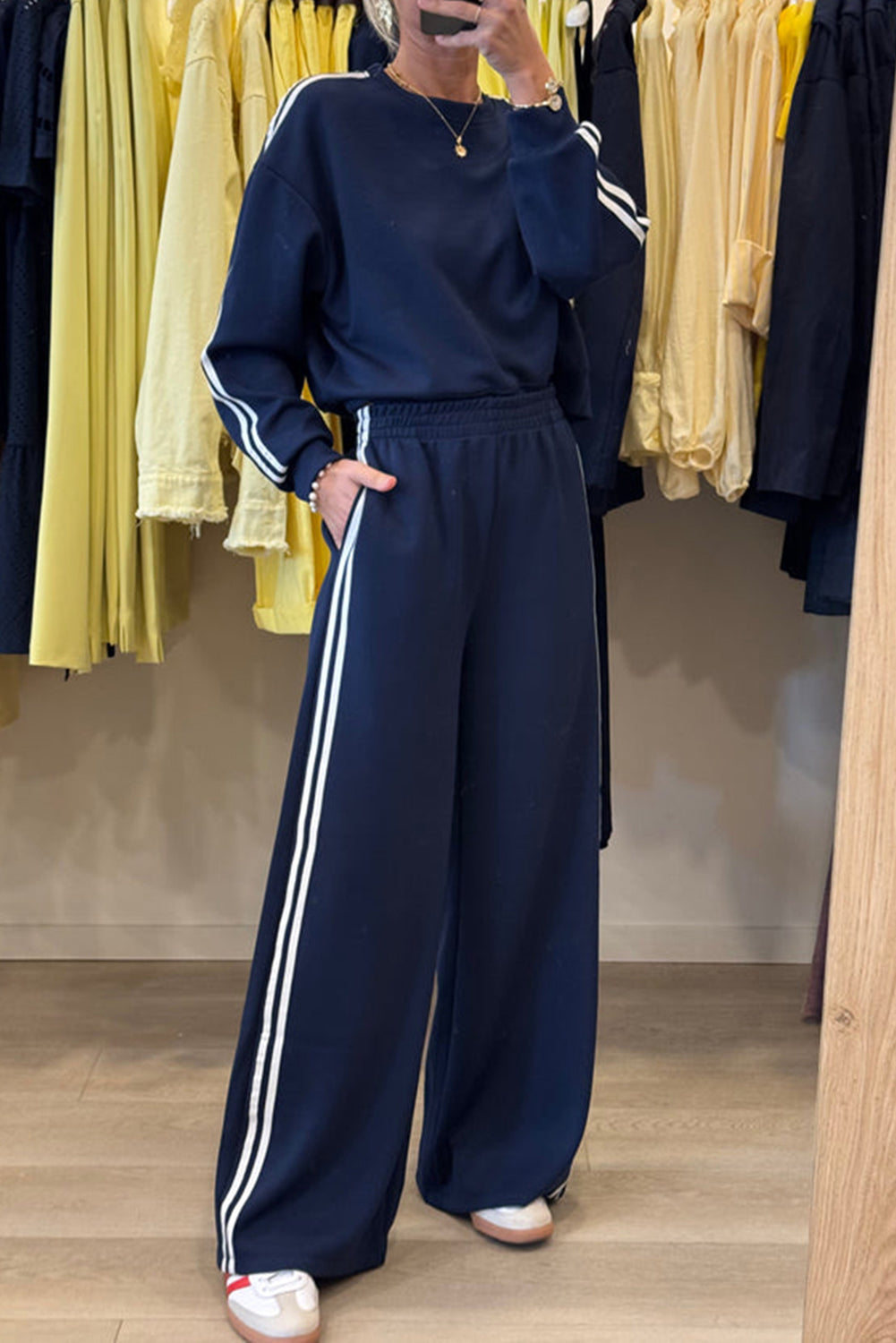 Dirty Blue Varsity Striped Detail Cropped Pullover Wide Leg Pants 2pcs Outfit 43f697a7dfde23f3