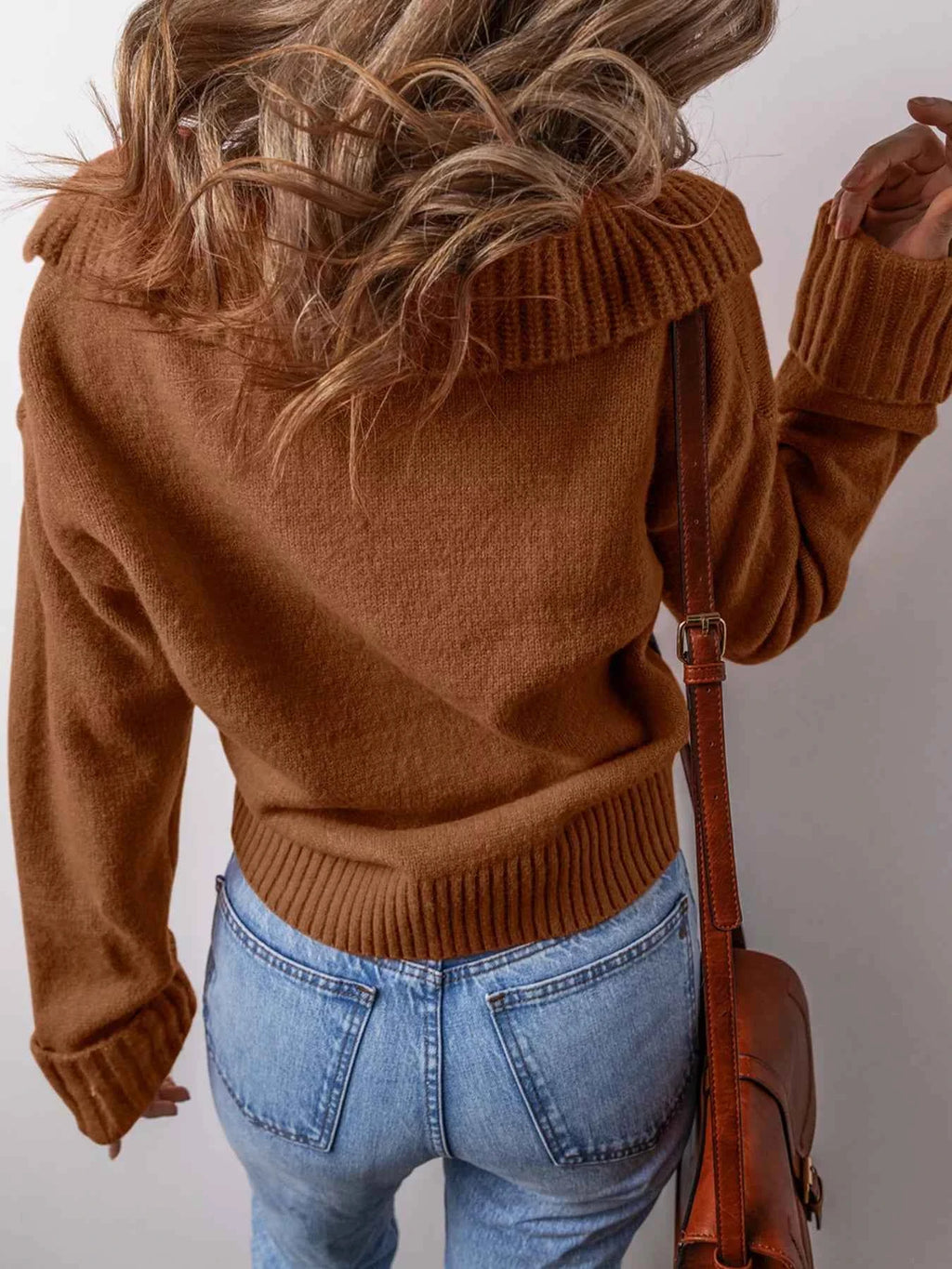 Collared V Neck Ribbed Edge Sweater 4405d7546dd64db696d094af8d496013-Max-Origin