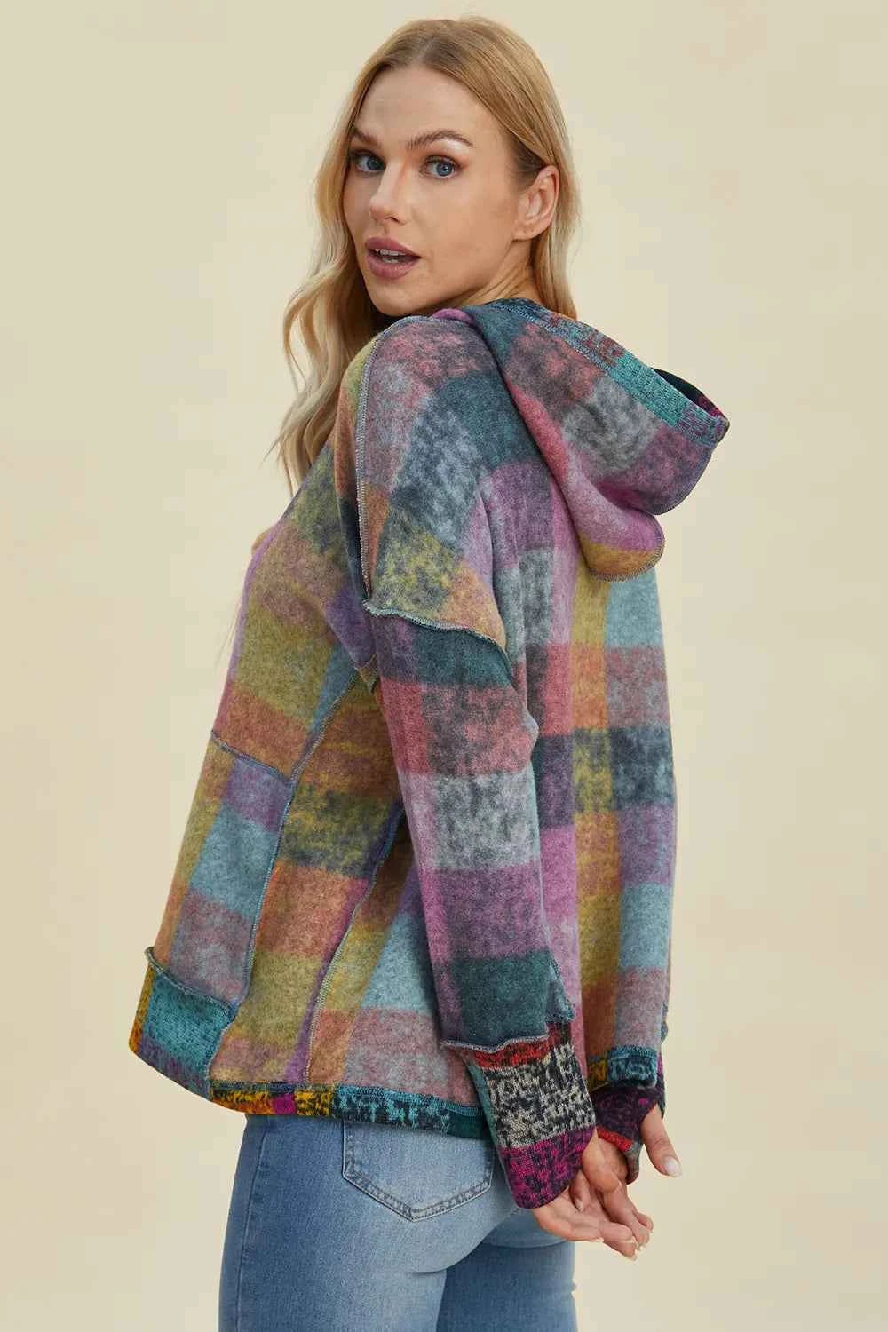 Double Take Full Size Plaid Dropped Shoulder Fleece Hoodie 4415657f-a8ae-4b4b-8842-6115230bbcd7-Max