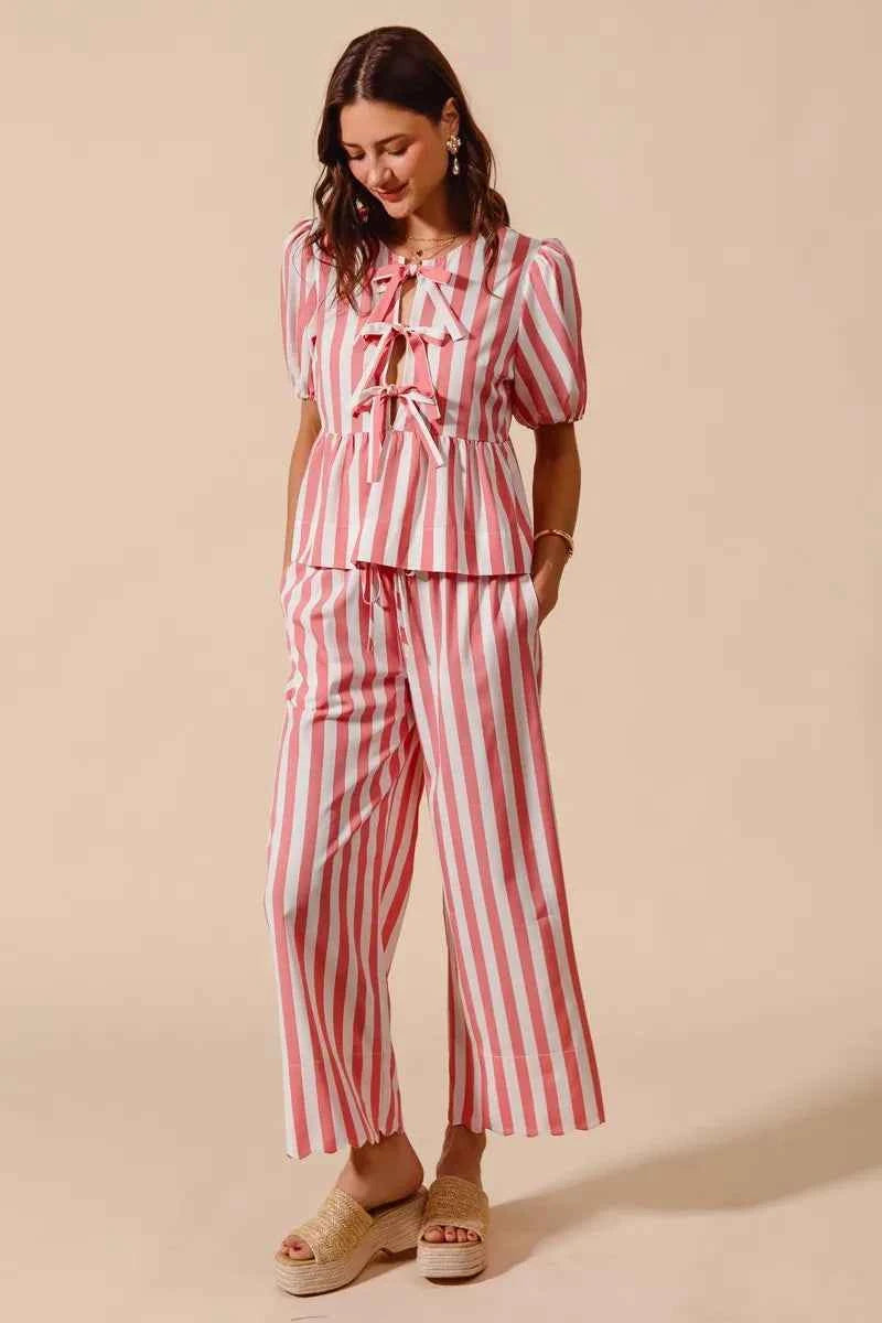 SO ME Front Tie Stripe Top With Puff Sleeves and Wide Leg Pants Set PINK 4416e8f164304d7c83f81d32aefadee5-Max-Origin