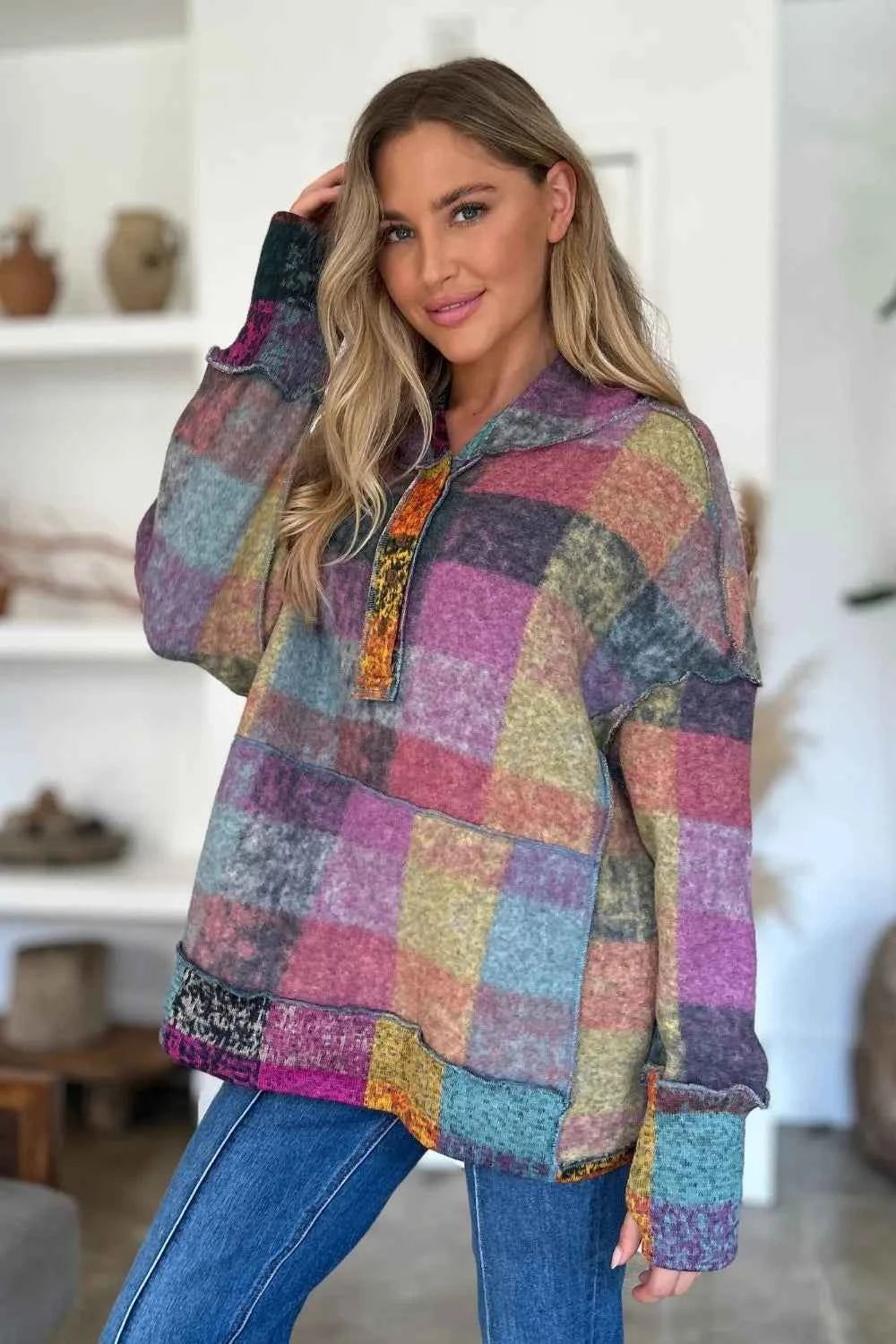 Double Take Full Size Plaid Dropped Shoulder Fleece Hoodie 44208907-1dda-4aba-800a-e3fabcac6deb-Max