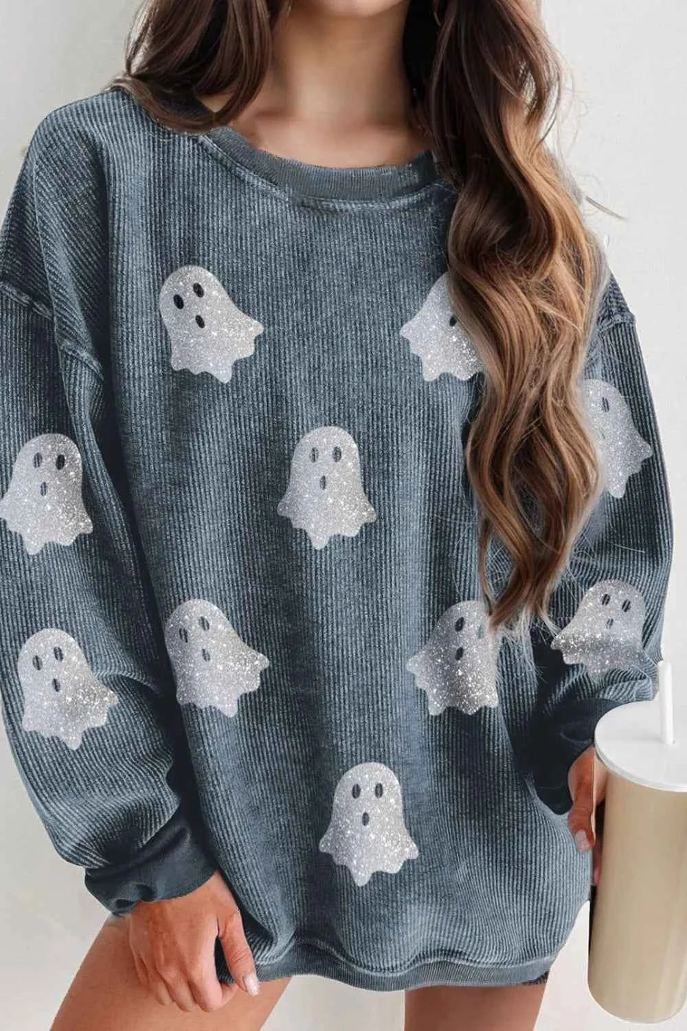 Glitter Ghost Round Neck Long Sleeve Sweatshirt French Blue 4439e401-5d27-4bb3-9d6b-be2ffcdc426f-Max