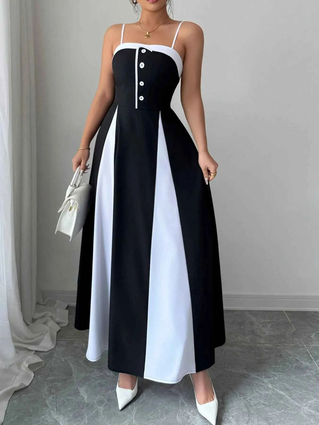 Decorative Button Contrast Maxi Cami Dress Black 4441175c-9024-493d-87f2-746bf3655de8-Max-Origin