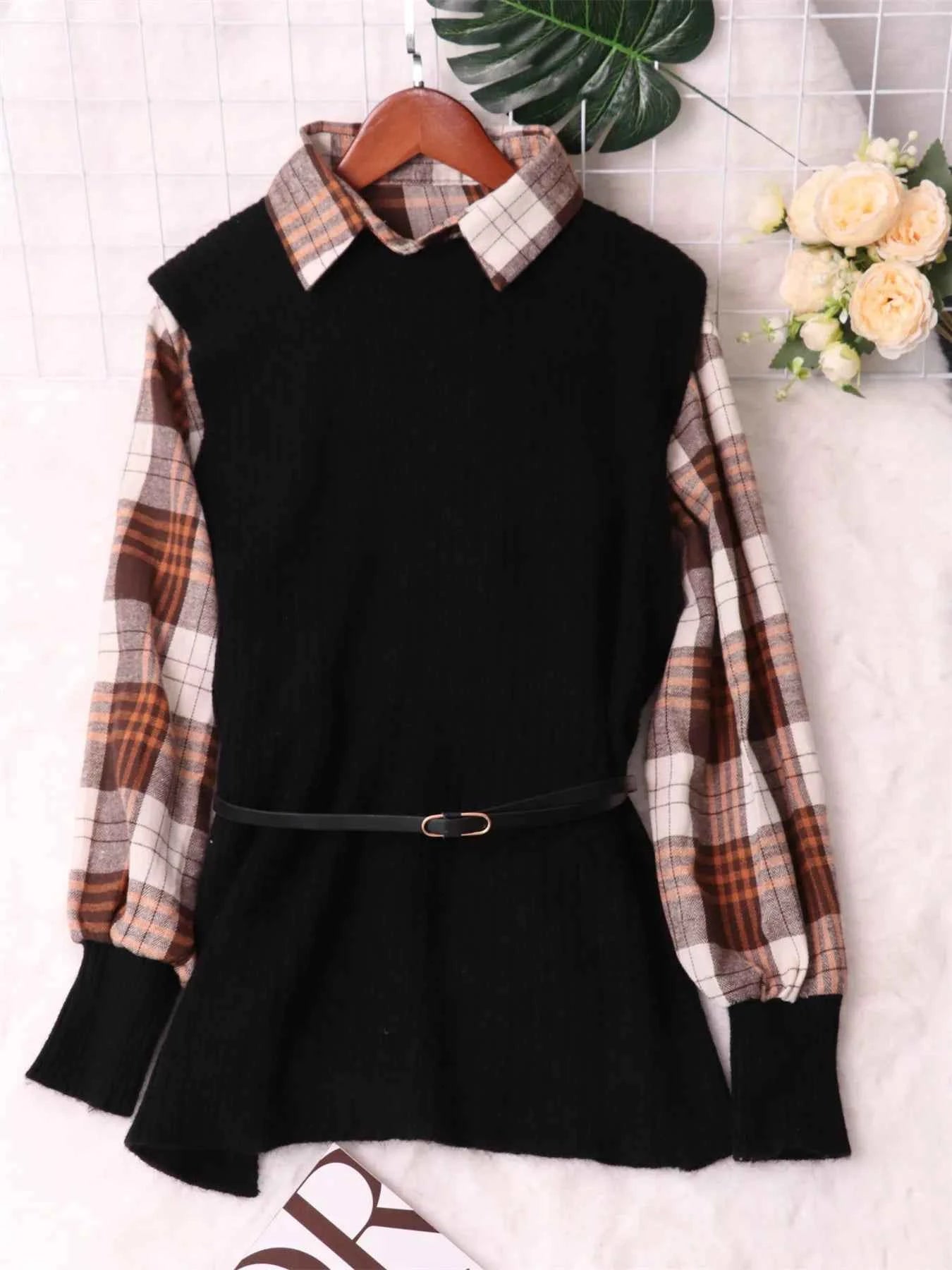 Plaid Long Sleeve Sweater Dress Black One Size 445083c887e844cda28b06caca207900-Max-Origin