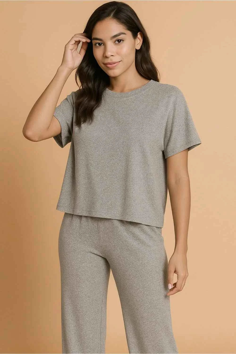Zenana Soft Melange Short Sleeve Tee & Long Pants Set Gray 4463ba94-71cd-49cf-aa22-c5c60b33dc31-Max-Origin