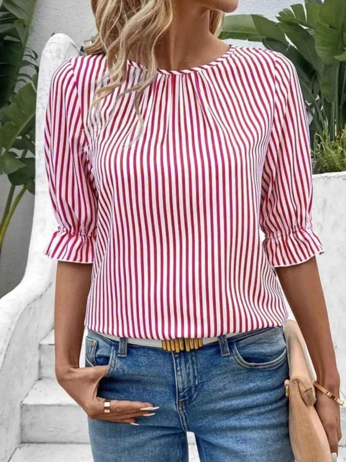 Striped Round Neck Half Sleeve Casual Blouse Red 447994f6-9735-4816-9c07-e195e0dfeb9b-Max-Origin