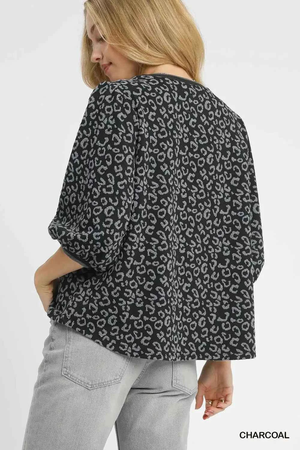 Umgee Leopard Print Jacquard Blouse with Puff Sleeves 447e4fb6-f7b3-4836-9e85-fedbfb54ebb6-Max