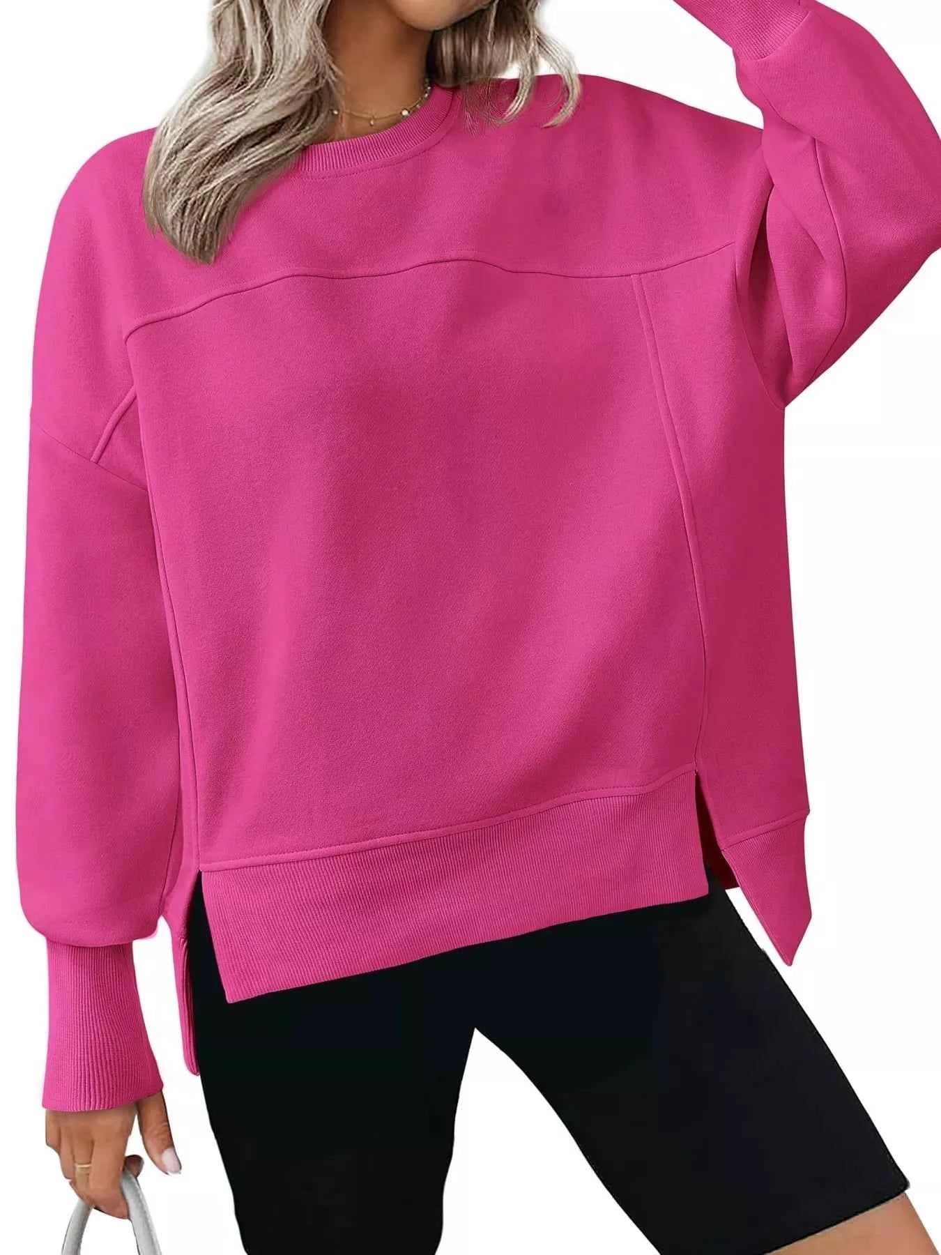 Slit Round Neck Dropped Shoulder Sweatshirt Rose Red 4499a957d73d43e3a7cf7d8608231e4f-Max-Origin