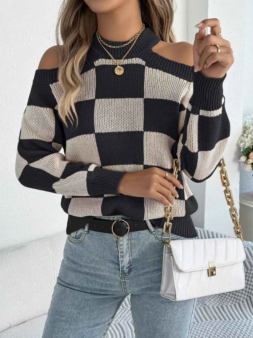 Cold Shoulder Checkered Long Sleeve Sweater 449a9df695c24aae8c5f62d26545d3e9-Max-Origin