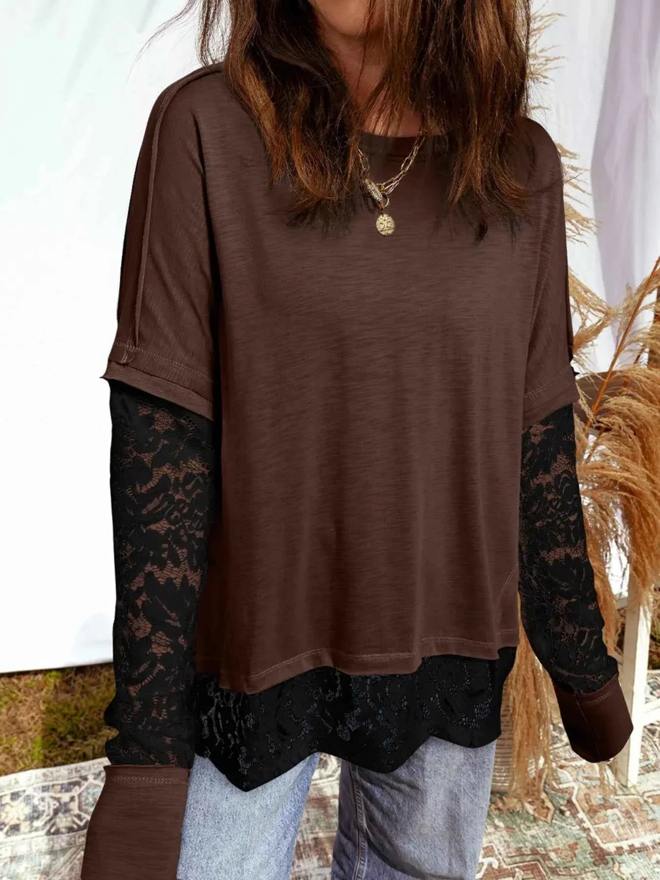 Sheer Lace Patchwork Casual Long Sleeve Top Dark Brown 449b0cc074e342d5a883b5e05fa33442-Max-Origin