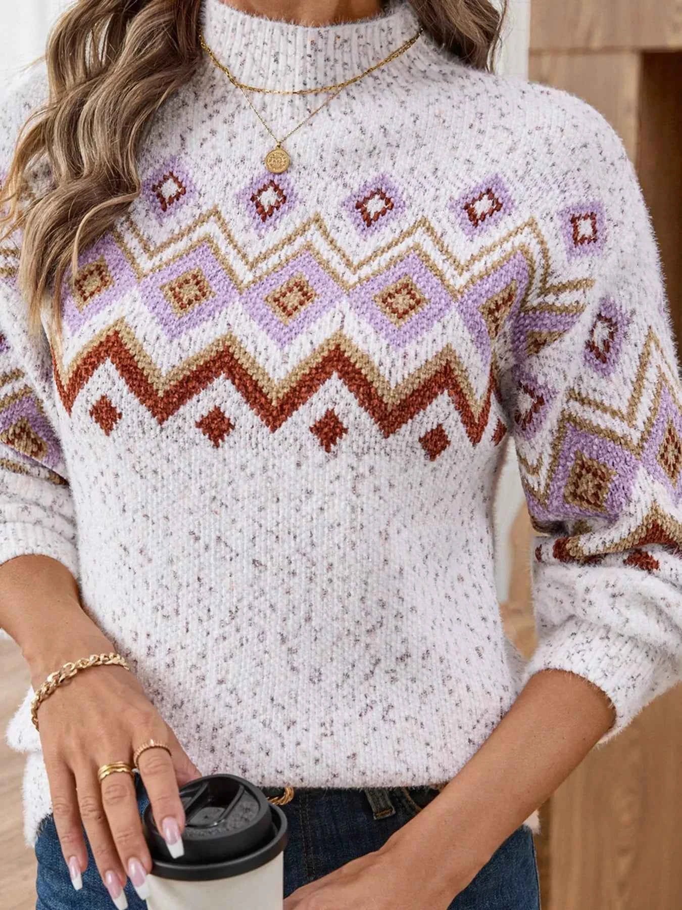 Geometric Mock Neck Long Sleeve Sweater 44abe9dff9884d8198e4ce8b7698e570-Max-Origin