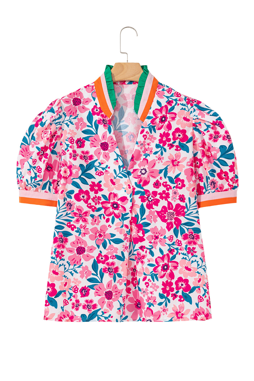 Pink Floral Print Striped Trim Puff Sleeve Blouse 44dca1aa96b84a07