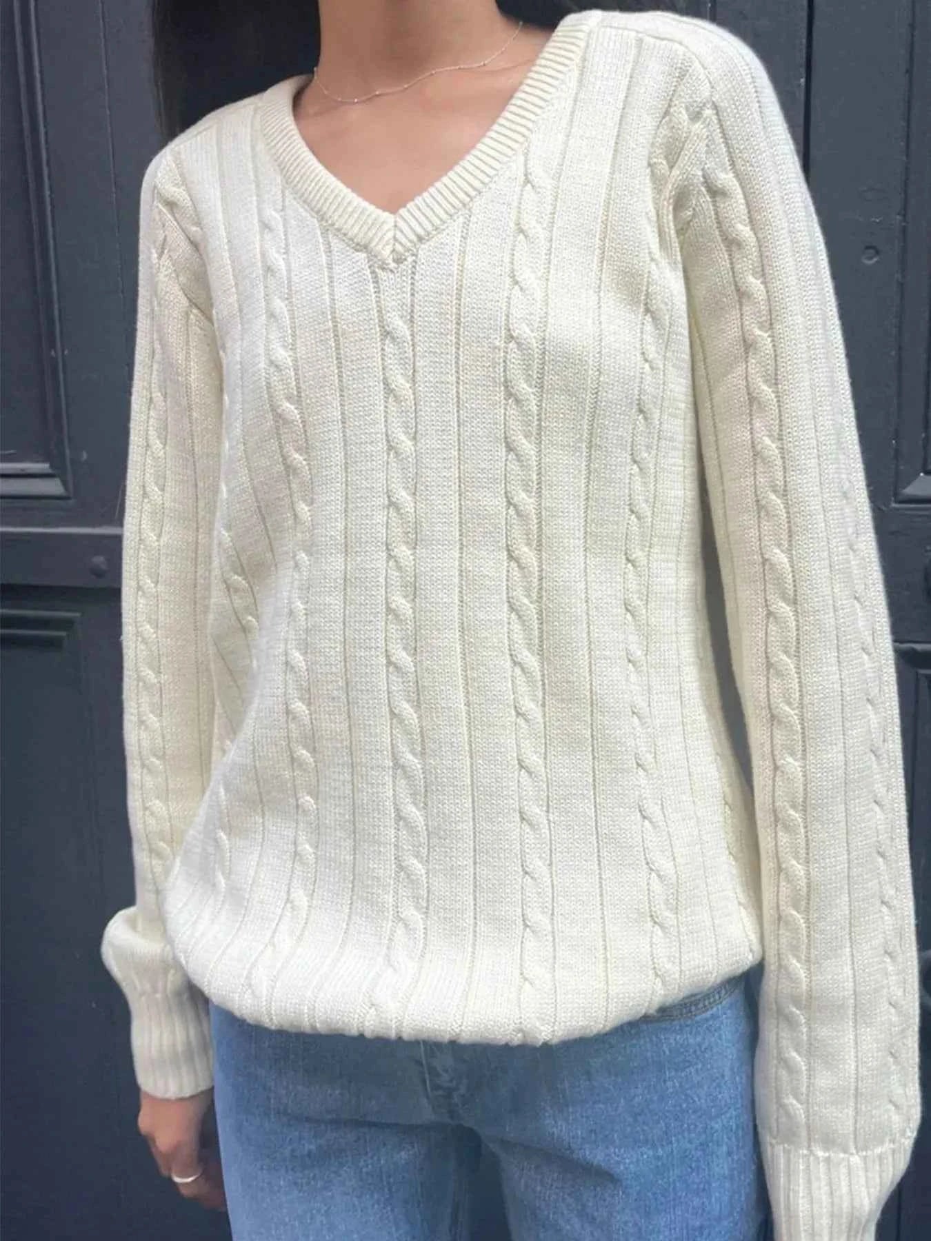 Cable Knit V-Neck Pullover Sweater White 44e231faf6ed407a8859dbfa9b0f64c1-Max-Origin