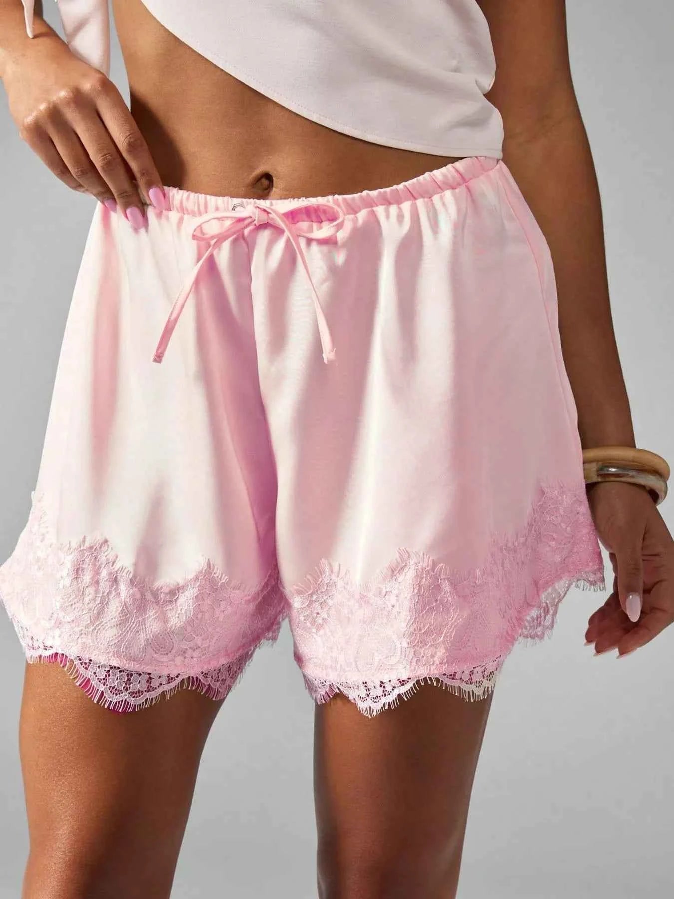Lace Trim Drawstring Casual Shorts Pink 44edfecf-739e-46d5-a775-13c71df94e02-Max-Origin