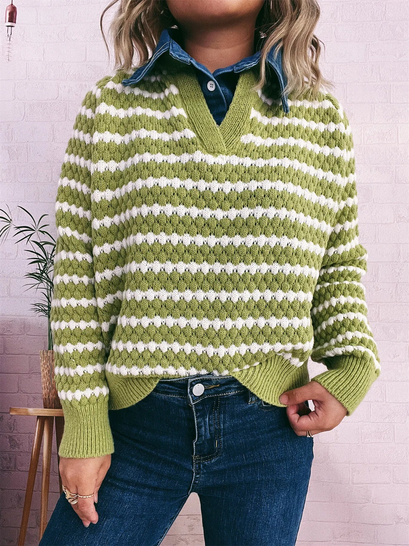 Contrast Striped Sweater with Denim Collar Green One Size 44f13cbfe89e4640906b9703bcf98996-Max-Origin