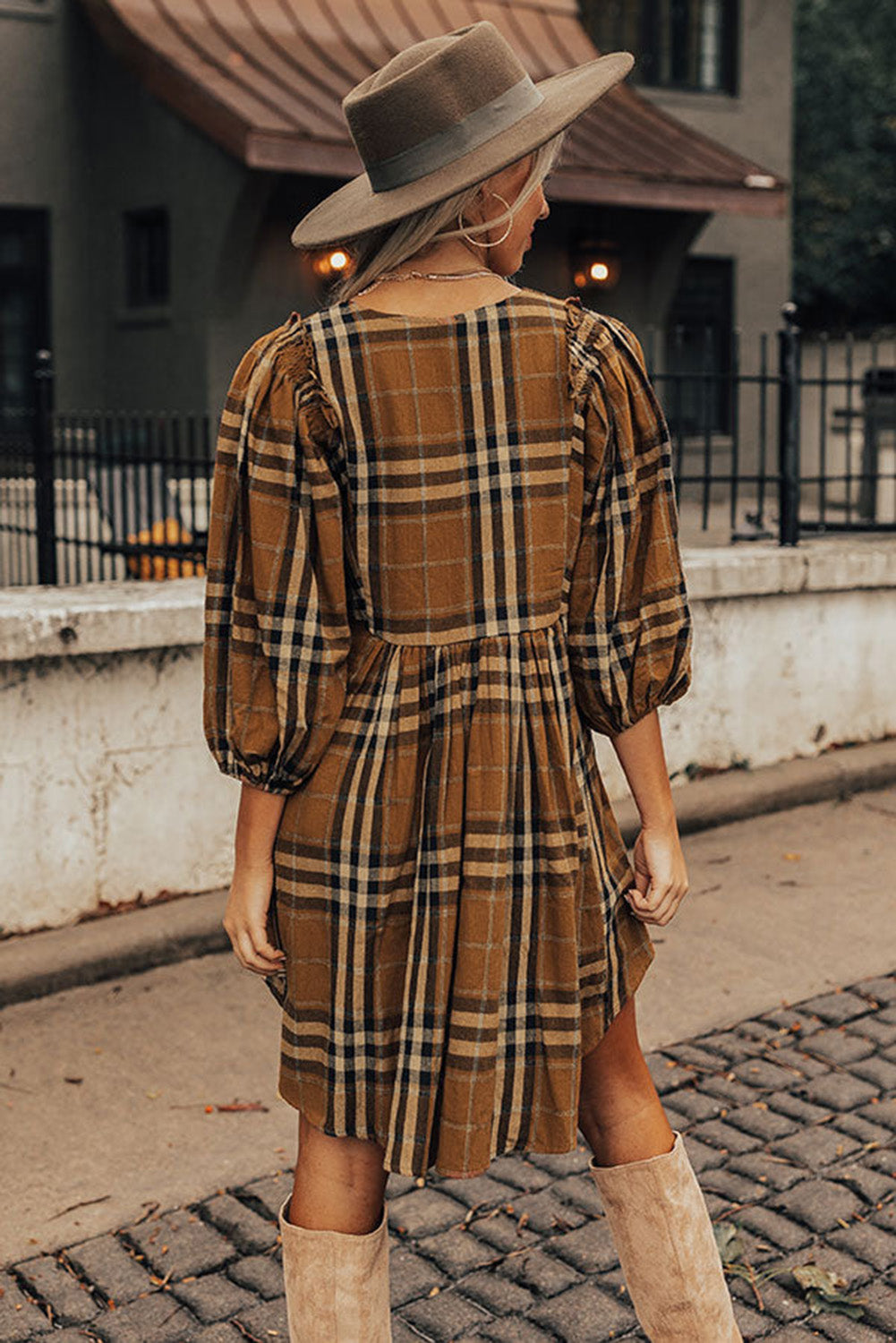 Brown Plaid Pattern Empire Waist Babydoll Dress 44f619d9a30aa049