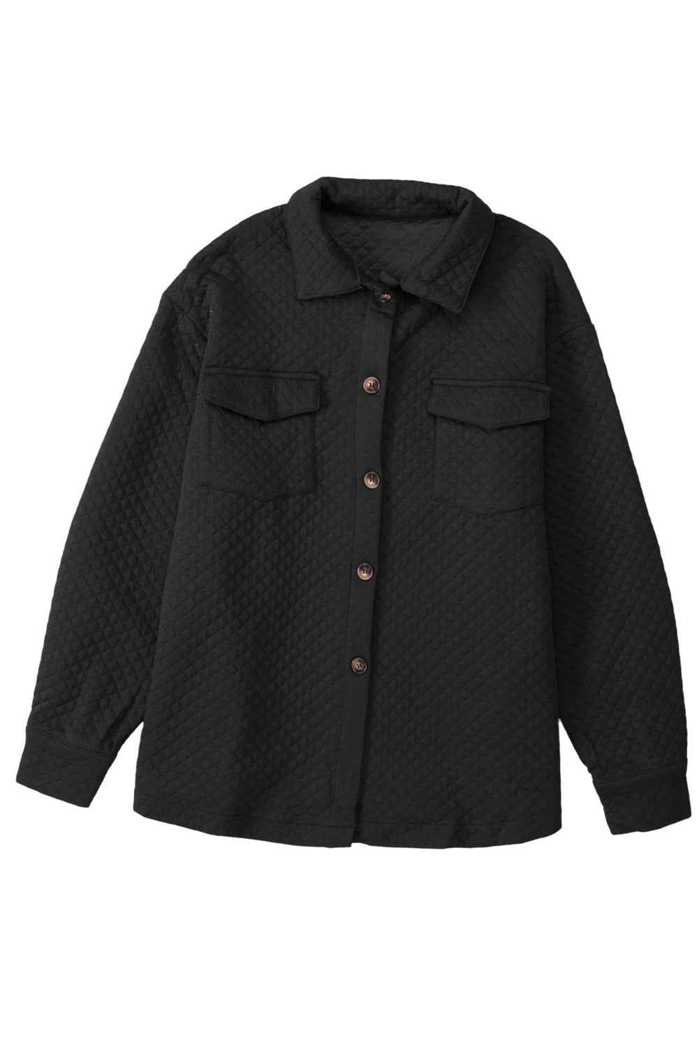 Black Lattice Texture Retro Flap Pocket Button Quilted Shacket Black 95%POLYESTER+5%ELASTANE 45135ee2d9cd9e19