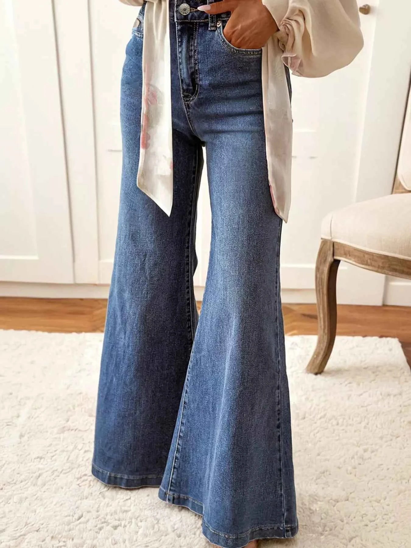 High Waist Button Zip Flare Leg Jeans Navy 4522fbc0a6cd4db2b92bdc1272287f14-Max-Origin