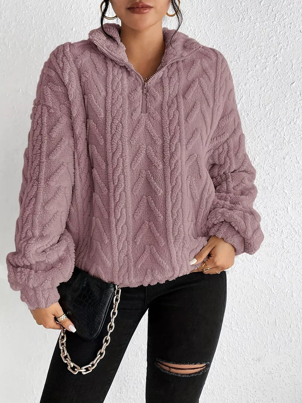 Quarter Zip Dropped Shoulder Sherpa Sweatshirt 4531318cdccd41108fc767299b54d8ea-Max-Origin