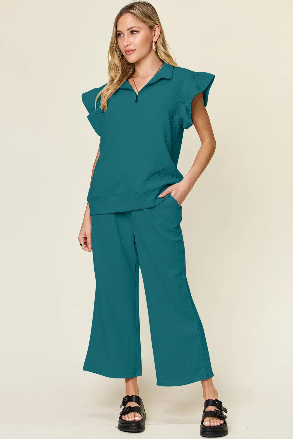 Double Take Texture Ruffle Short Sleeve Top and Drawstring Wide Leg Pants Set Deep Teal 453e77c0-ac4d-458e-bf74-b048506546e4-Max
