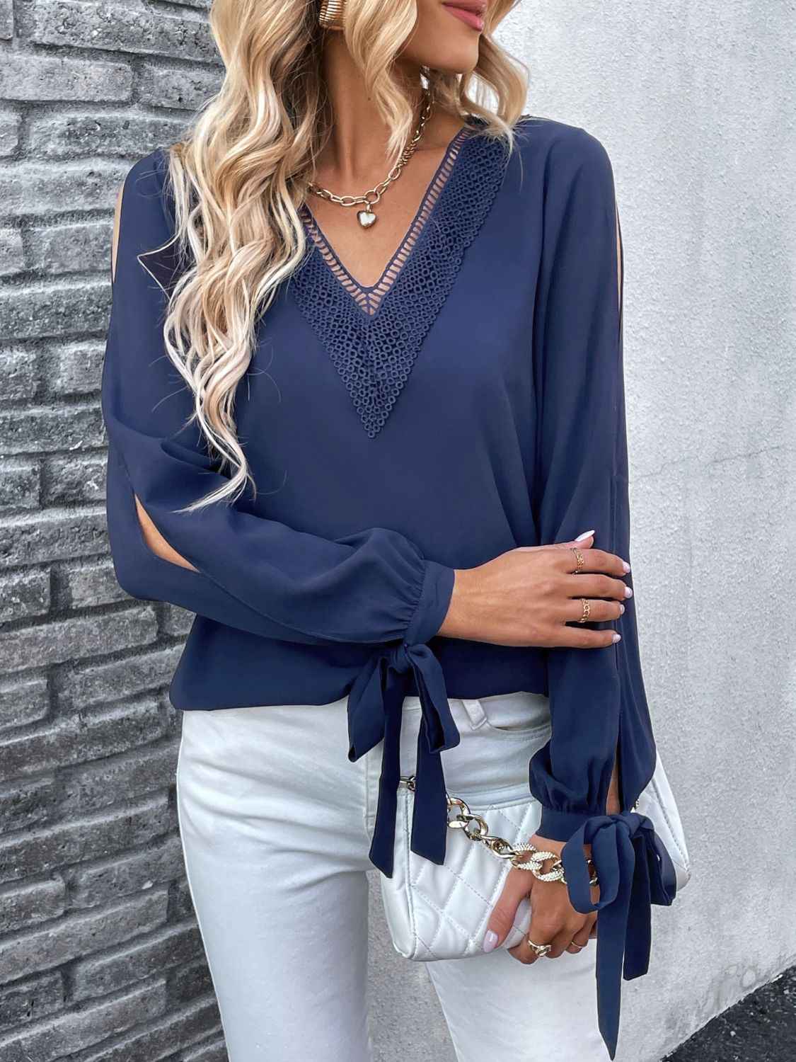 Perfee V-Neck Tie Cuff Slit Blouse 45408bfb55734e25b090add3e617403a-Max