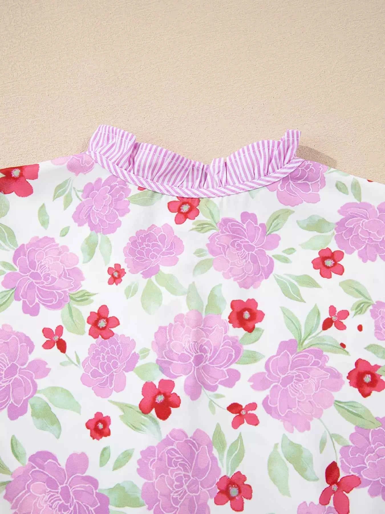 Floral Print Striped Trim Frilled Neck 3/4 Sleeve Flared Mini Dress 4545b1035486422f8b4d753d9b8f3b09-Max-Origin