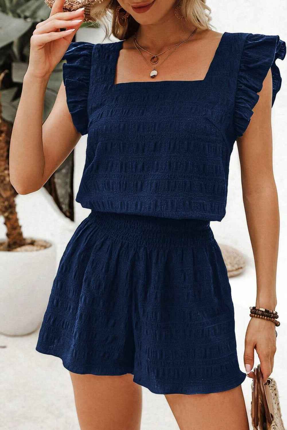 Dirty Blue Textured Ruffle Top and Shirred High Waist Shorts Set Dirty blue 4548cf9a5d71360e