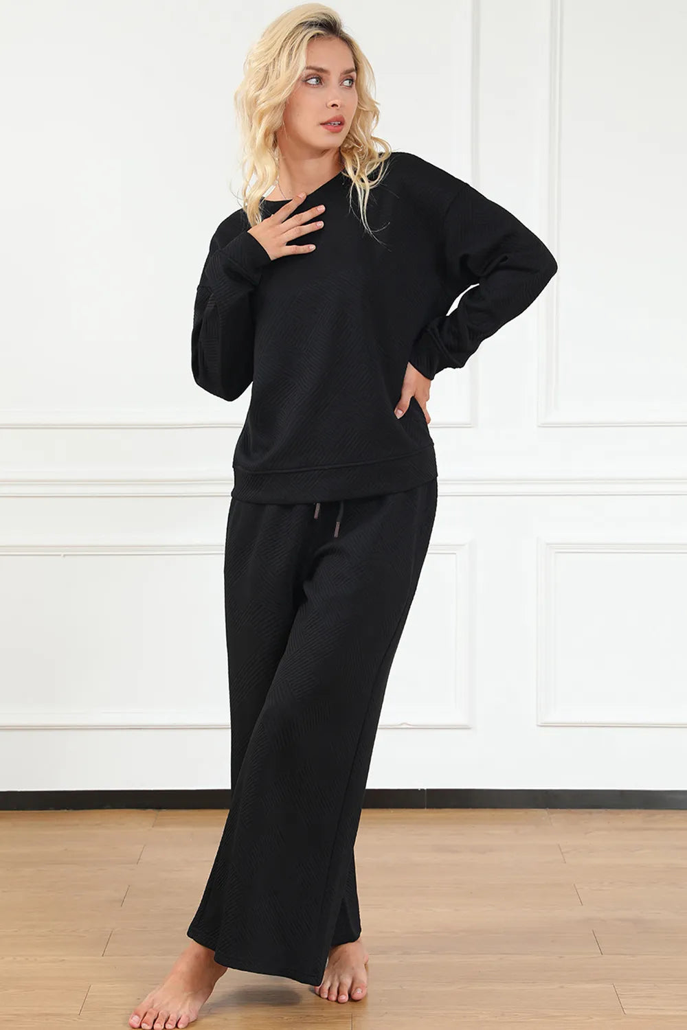 Double Take Full Size Textured Long Sleeve Top and Drawstring Pants Set 457cf113dff6490288248bfe3b8cc838-Max