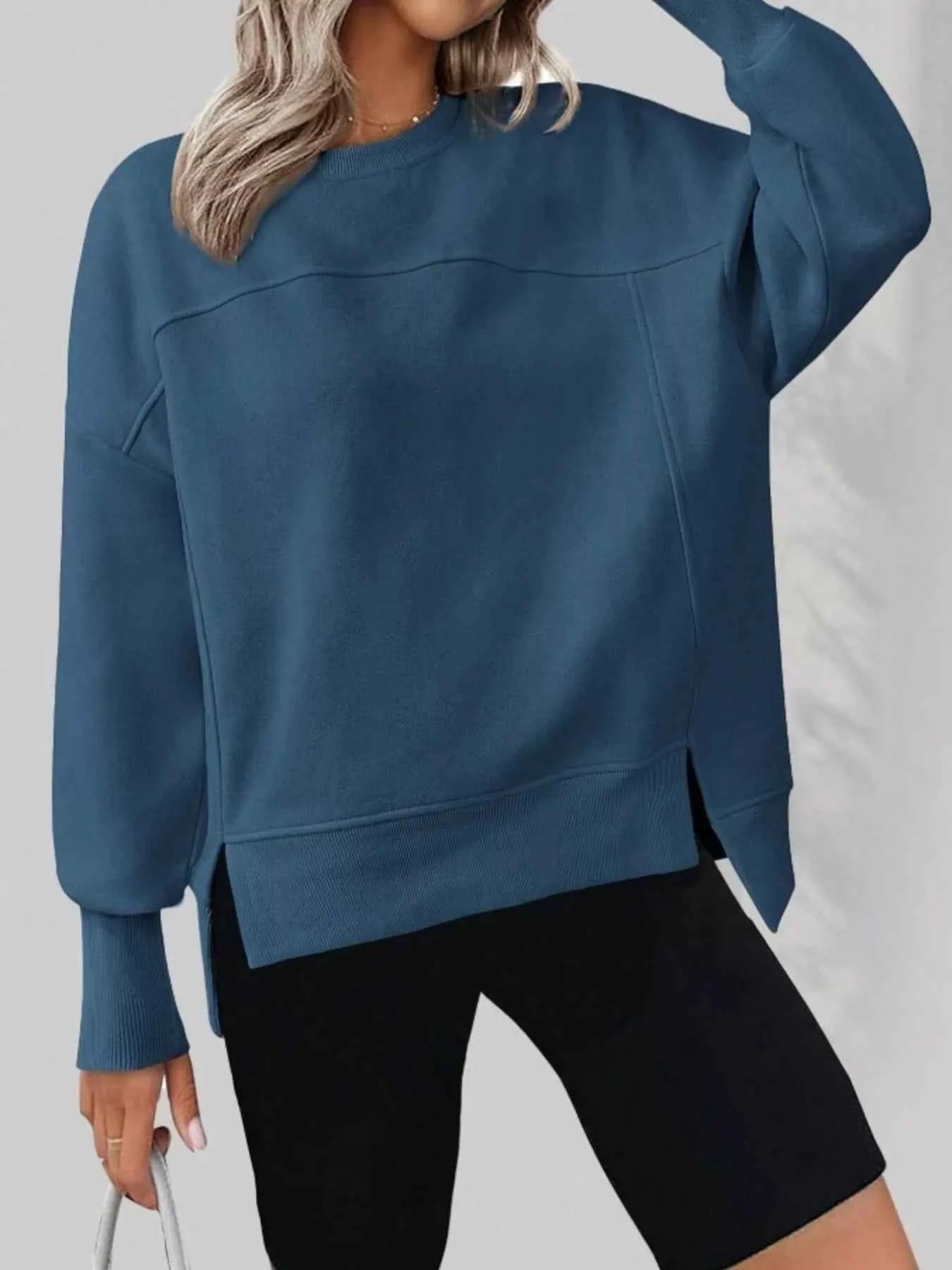 Slit Round Neck Dropped Shoulder Sweatshirt Dark Blue 45825774d3044ee0a288b4c9bb8965d2-Max-Origin