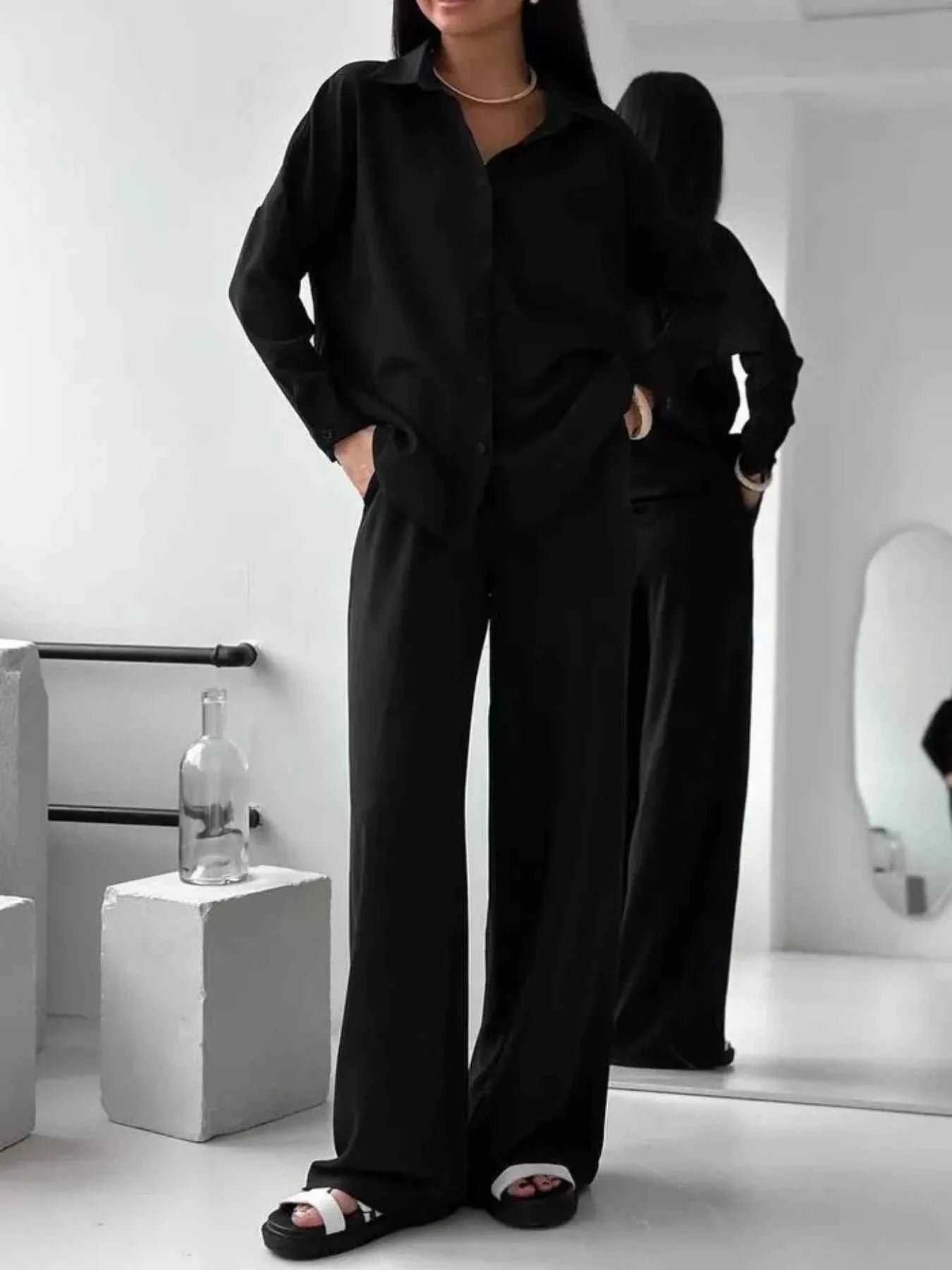 Button Up Long Sleeve Shirt and Pants Set Black 45826419-58d6-4588-a347-292a483549e5-Max-Origin