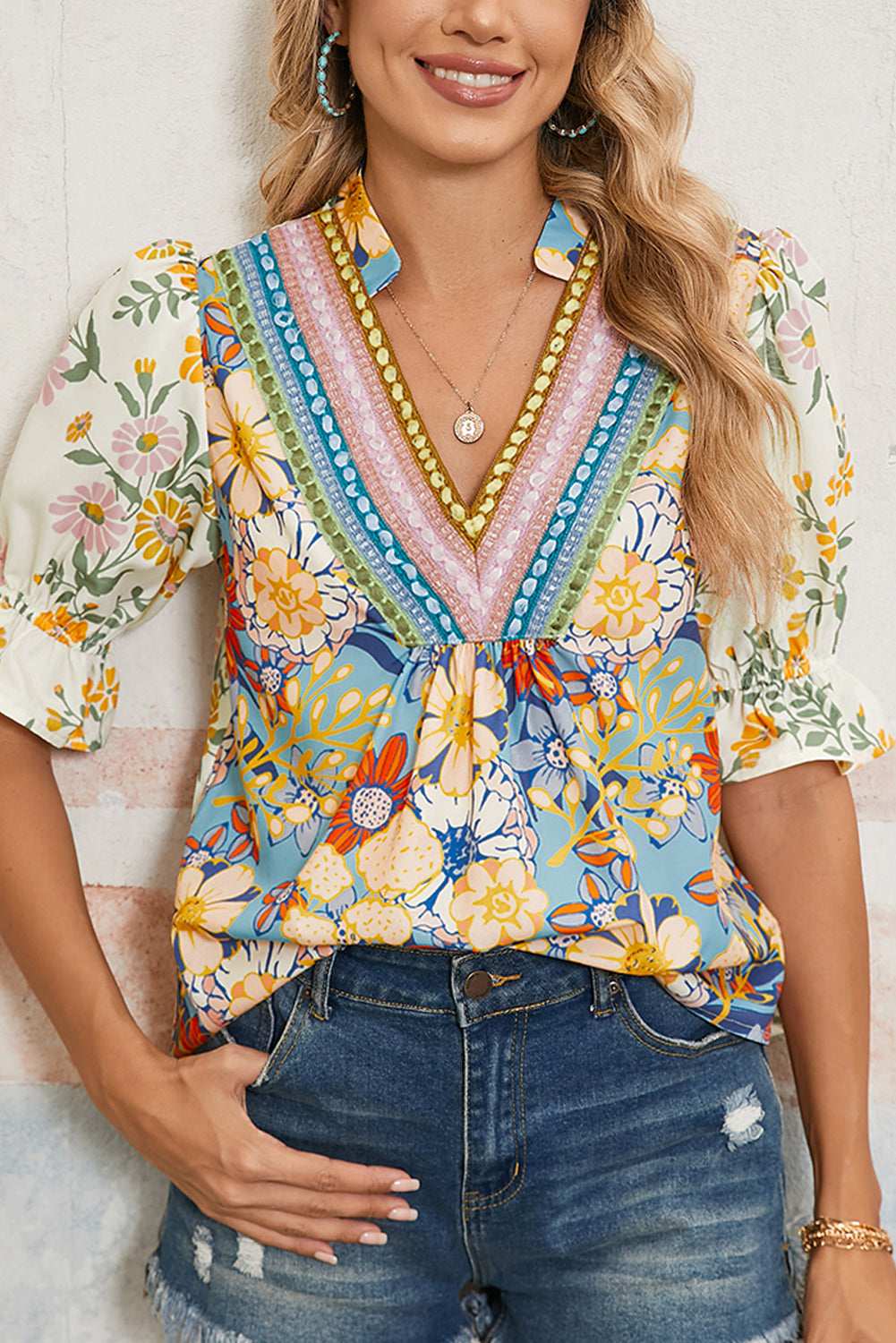 Multicolour Half Sleeve Boho Floral Pop of Color Neckline Blouse Multicolour 45a95f871c4f391c-_1