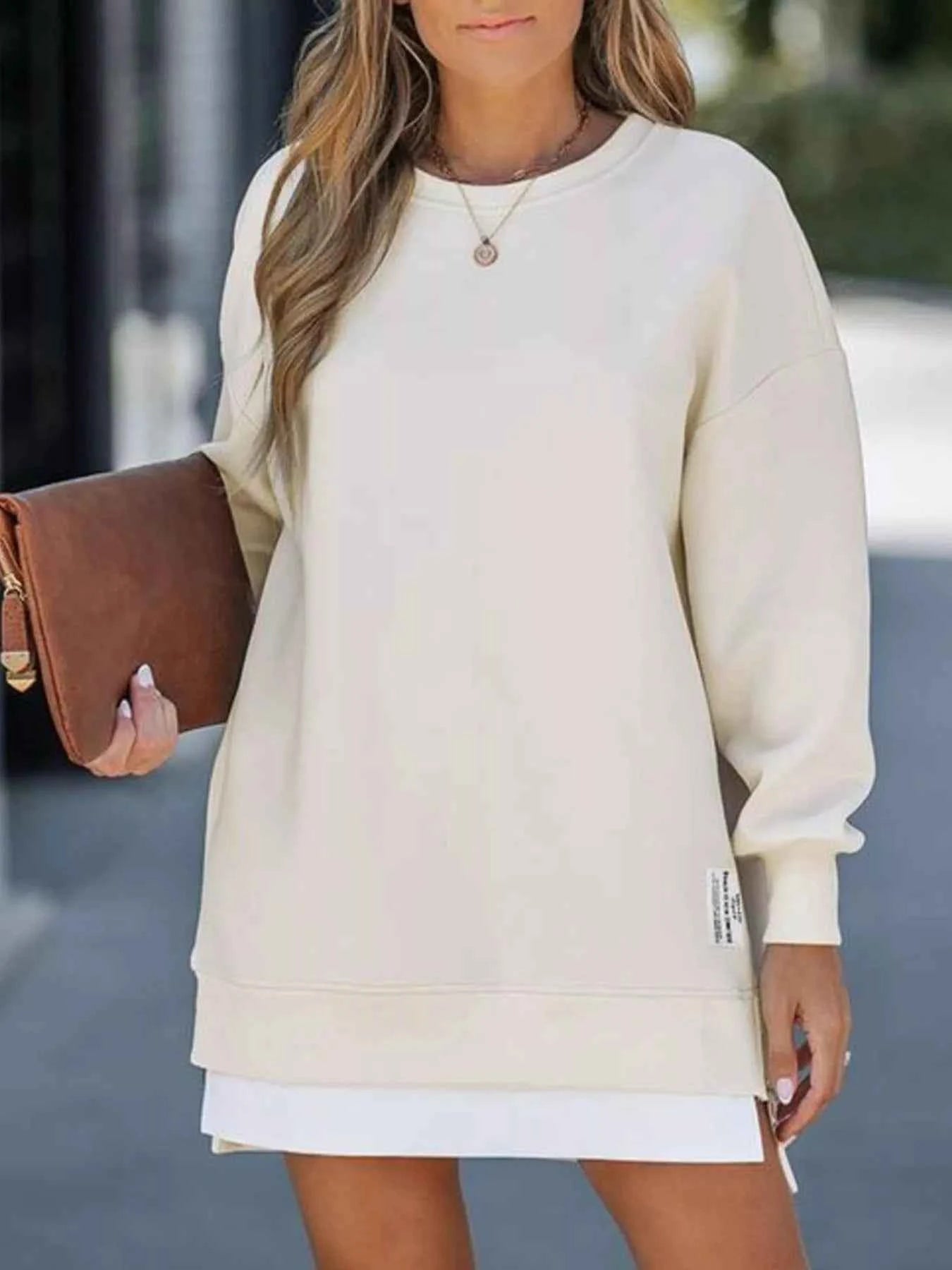 Side Slit Round Neck Long Sleeve Sweatshirt Apricot 45ab5007-a81d-40b2-9c5b-88969d8f0331-Max-Origin