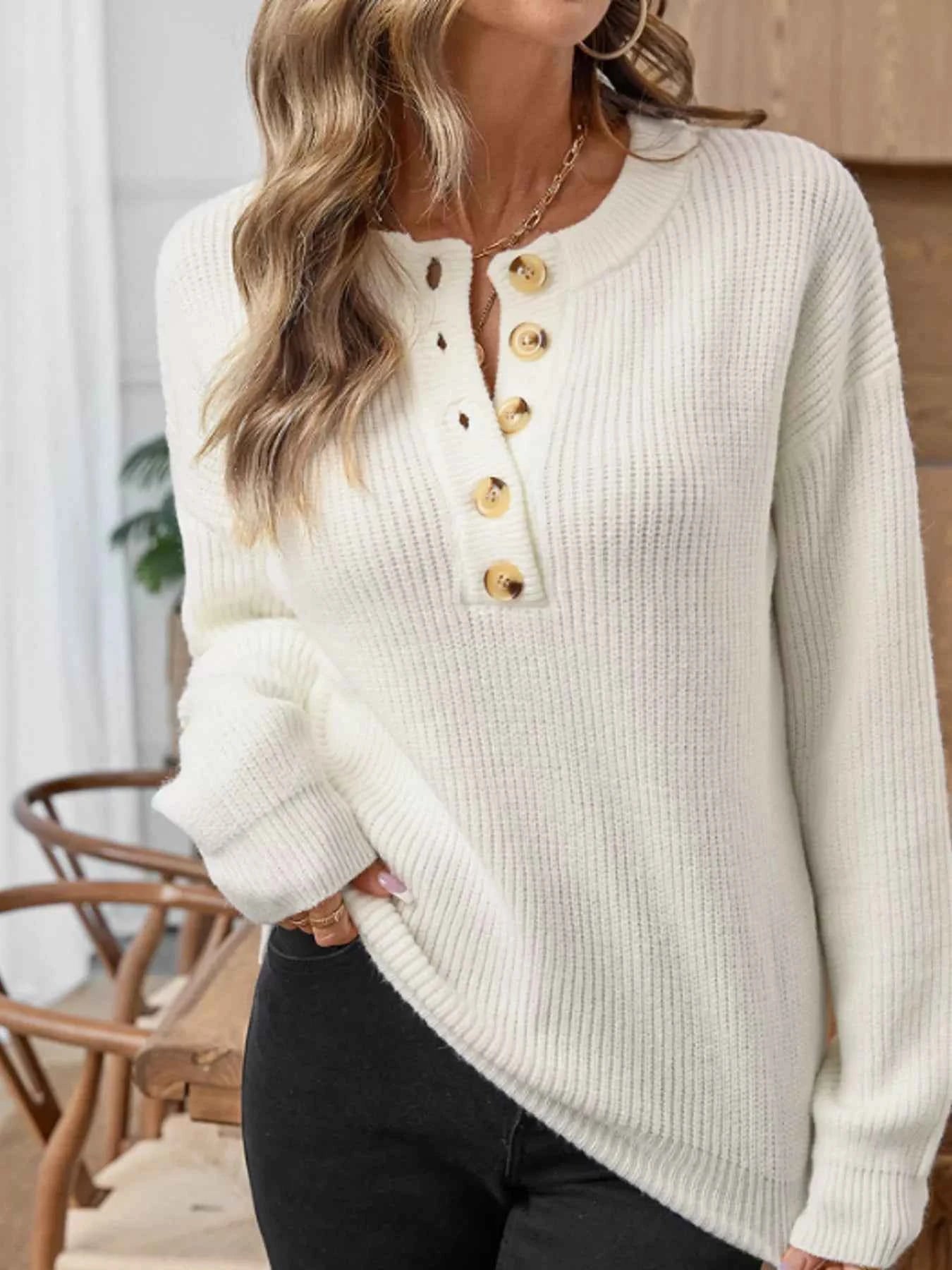 Button Detail Long Sleeve Sweater Beige 45b3c65a1a444c55ad25d4d5d0b15446-Max-Origin