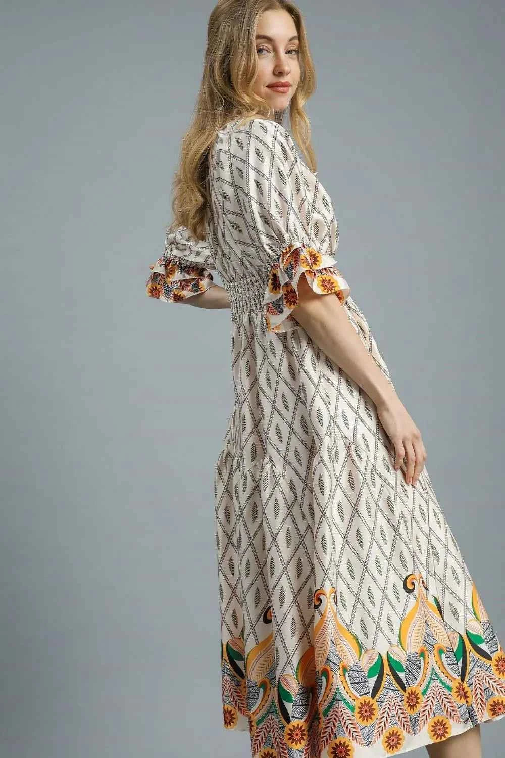 Umgee Printed Smocked Waist Flounce Sleeve Midi Dress 45dfad4e-652d-46d5-88fa-910bbc4ec55f-Max-Origin