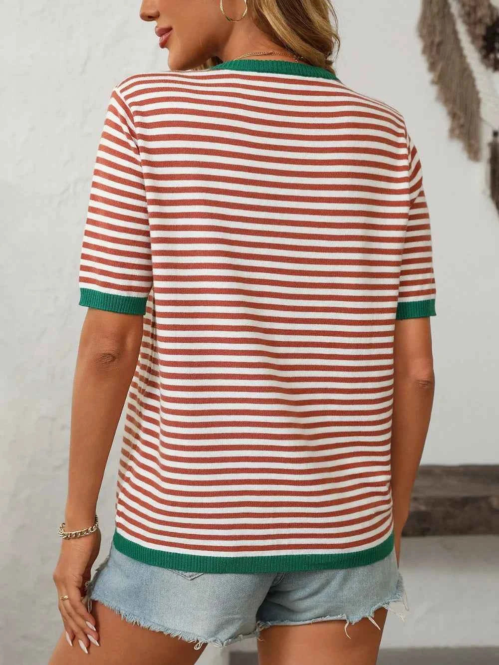 Mandy Striped Round Neck Half Sleeve Knit Top 45fabb7f-0cea-47c3-ae30-9db2898490c7-Max