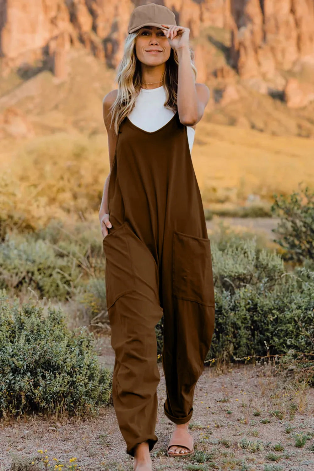 Double Take Full Size V-Neck Sleeveless Jumpsuit with Pockets Coffee Brown 45fac4a7-41ab-46d8-9d02-837f3f96232c-Max