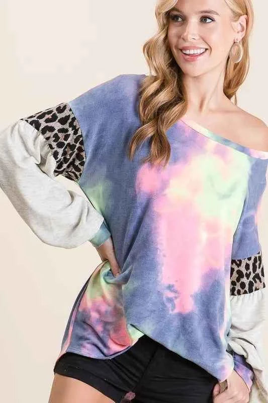 BiBi Tie Dye Terry Top with Contrast Puff Sleeves 460c169eae864cc2ad457daab3f339d8-Max-Origin