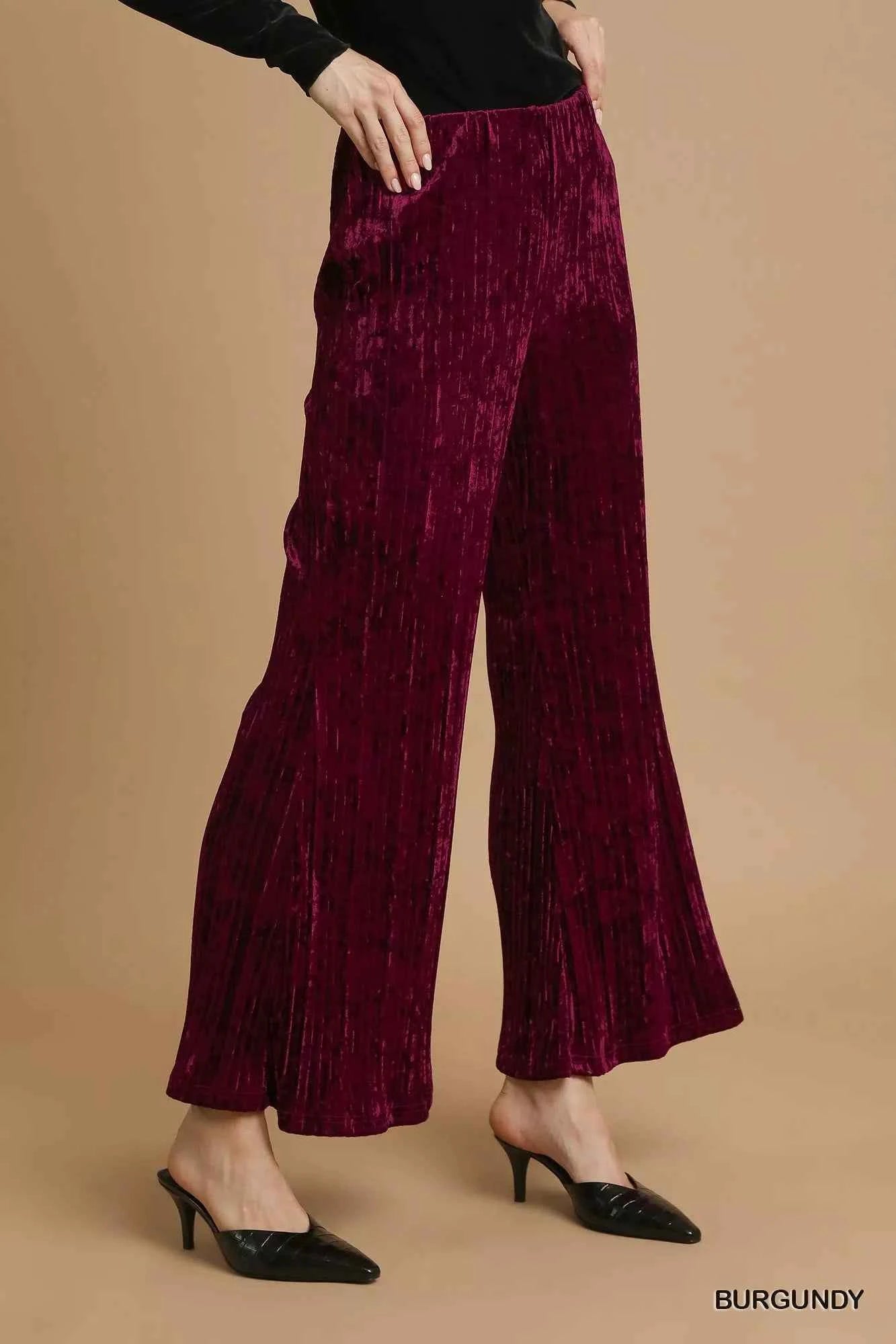 Umgee Velvet Pleated Wide Leg Pants 466c83cc-e68e-45d1-b125-effc1f049c9e-Max-Origin