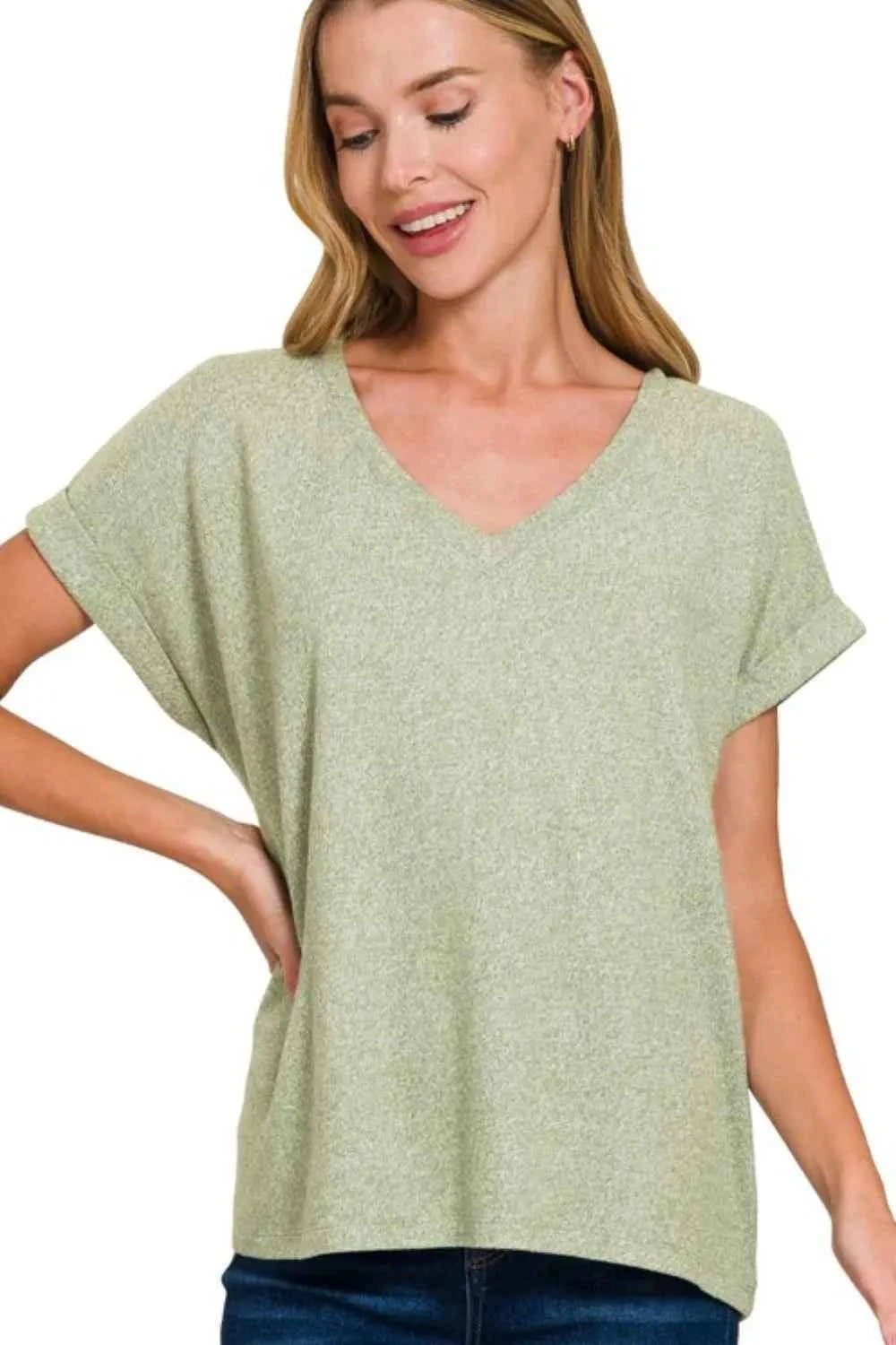 Zenana Soft Melange Hacci V-neck Tee LT OLIVE 46769685-84b4-4ceb-b9d4-a764ad2380a5-Max-Origin