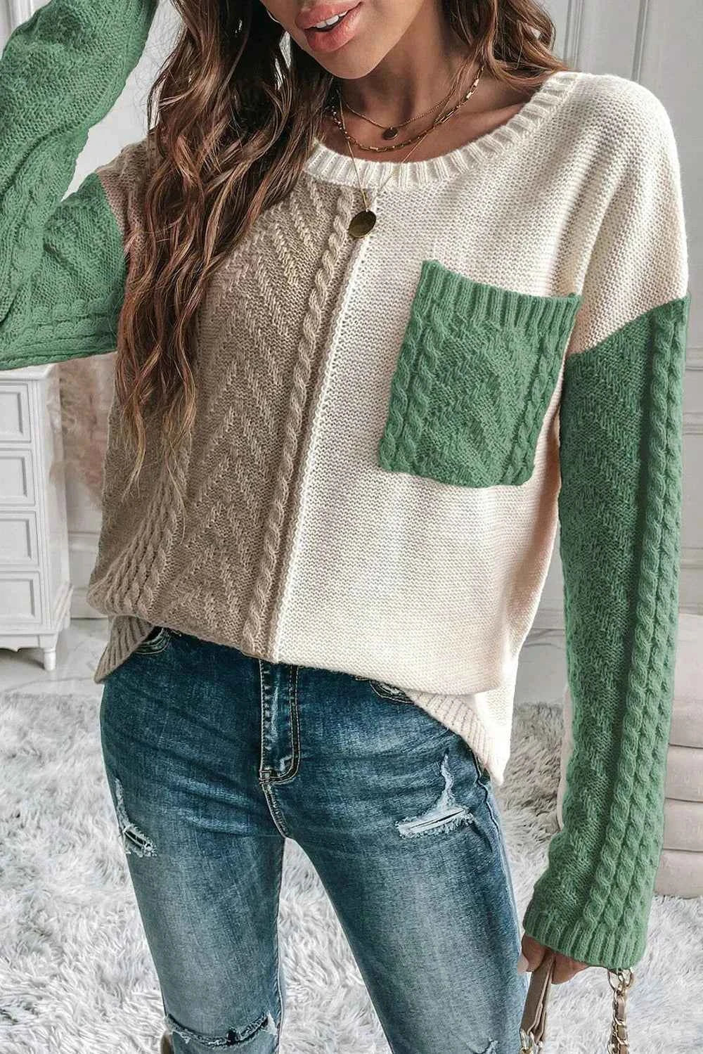 Double Take Full Size Color Block Drop Shoulder Sweater Gum Leaf 467d084a-68bf-4c7d-82b7-28c5de3017c9-Max